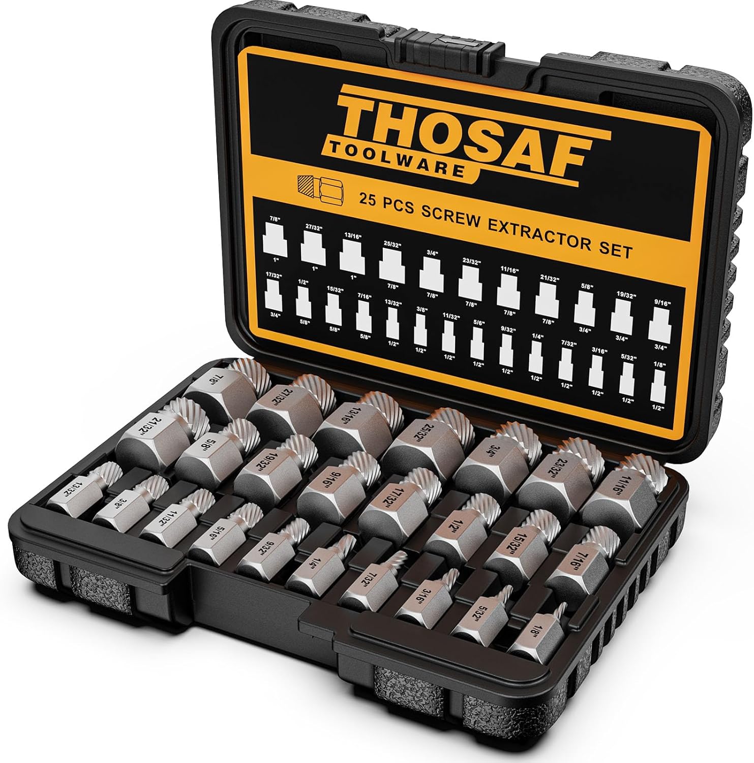 Screw Extractor Set, 25 Piece Easy Out Bolt Extractor Set, Multispline Screw and Hex Head, for Removing Broken Studs, Bolts, Screws, 1/8 Inch to 7/8 Inch in 1/32-Inch Increment, Tools Gifts for Men
