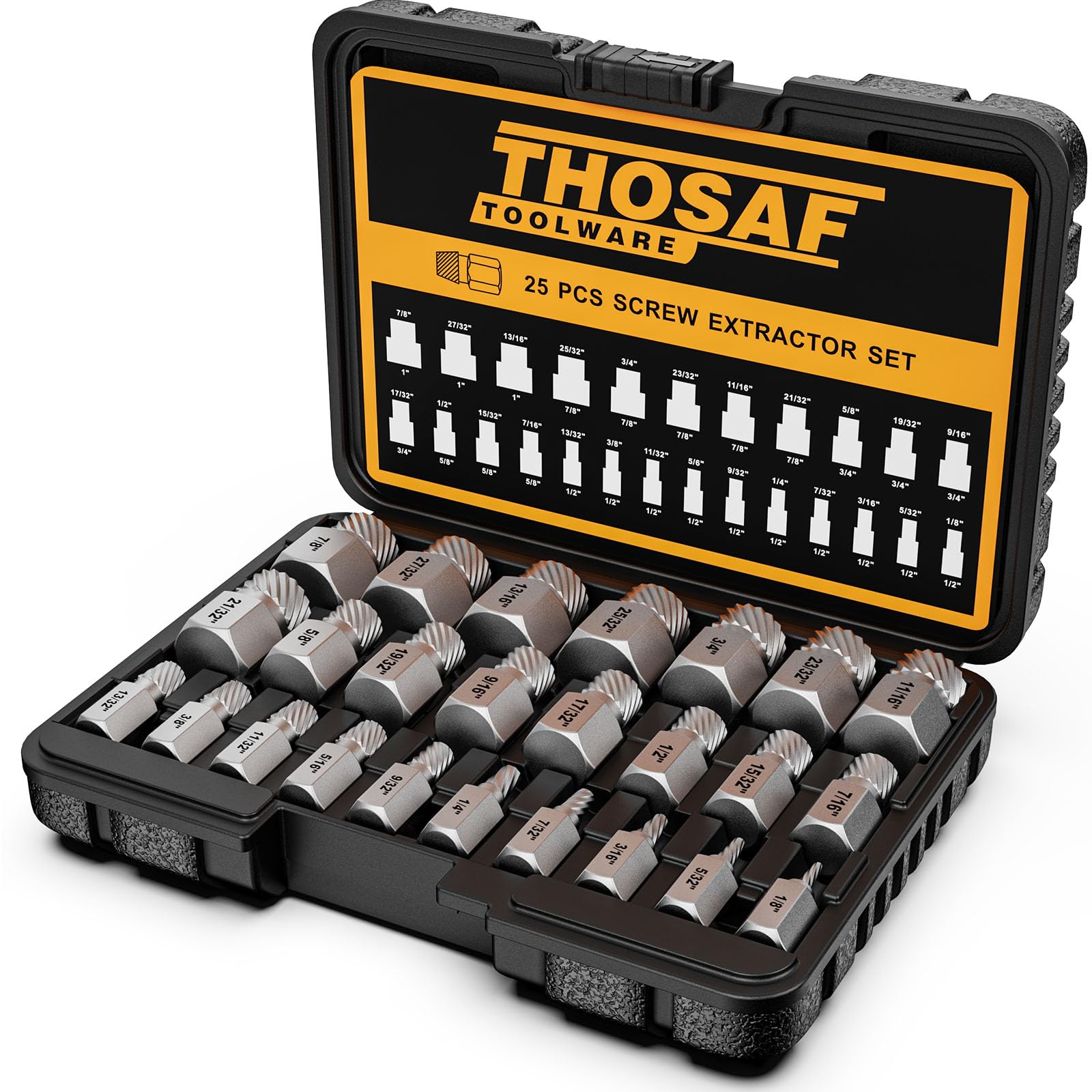 Set di estrattori per viti, 25 pezzi, set di estrattori per bulloni Easy Out, vite multispline e testa esagonale, per rimuovere borchie rotte, bulloni, viti, 1/8 pollici a 7/8 pollici con incremento