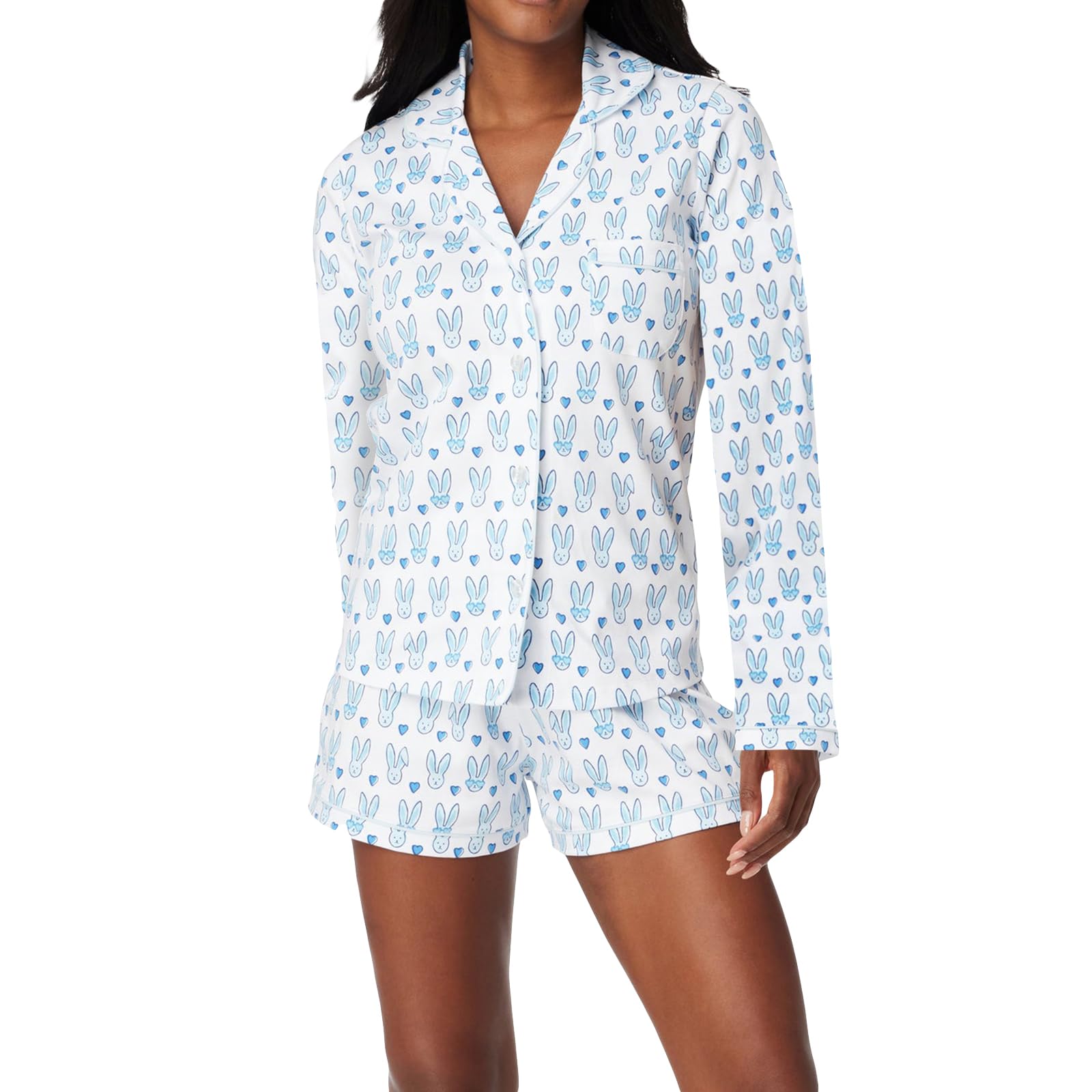 Women Monkey Pajamas Y2k 2 Piece Long Sleeve Button Down Pjs Shirt Sleep Shorts Preppy Lounge Sets