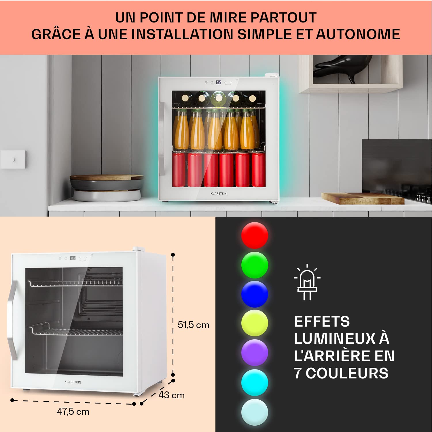 KLARSTEIN Mini Frigo de Chambre de 47L pour Boissons et Bieres, Petit Frigo Silencieux, Mini Bar Intérieur/Ext, Petit Refrigérateur Camping, Stockage de Vins et Boisssons, Étagères Amovibles, 5-18°C