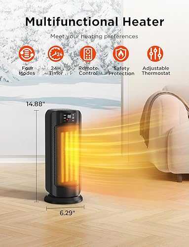 Miniatura 3 de Calentador eléctrico portátil de 1500 W, calentadores de cerámica de calentamiento rápido para uso en interiores con termostato, 4 modos, oscilación