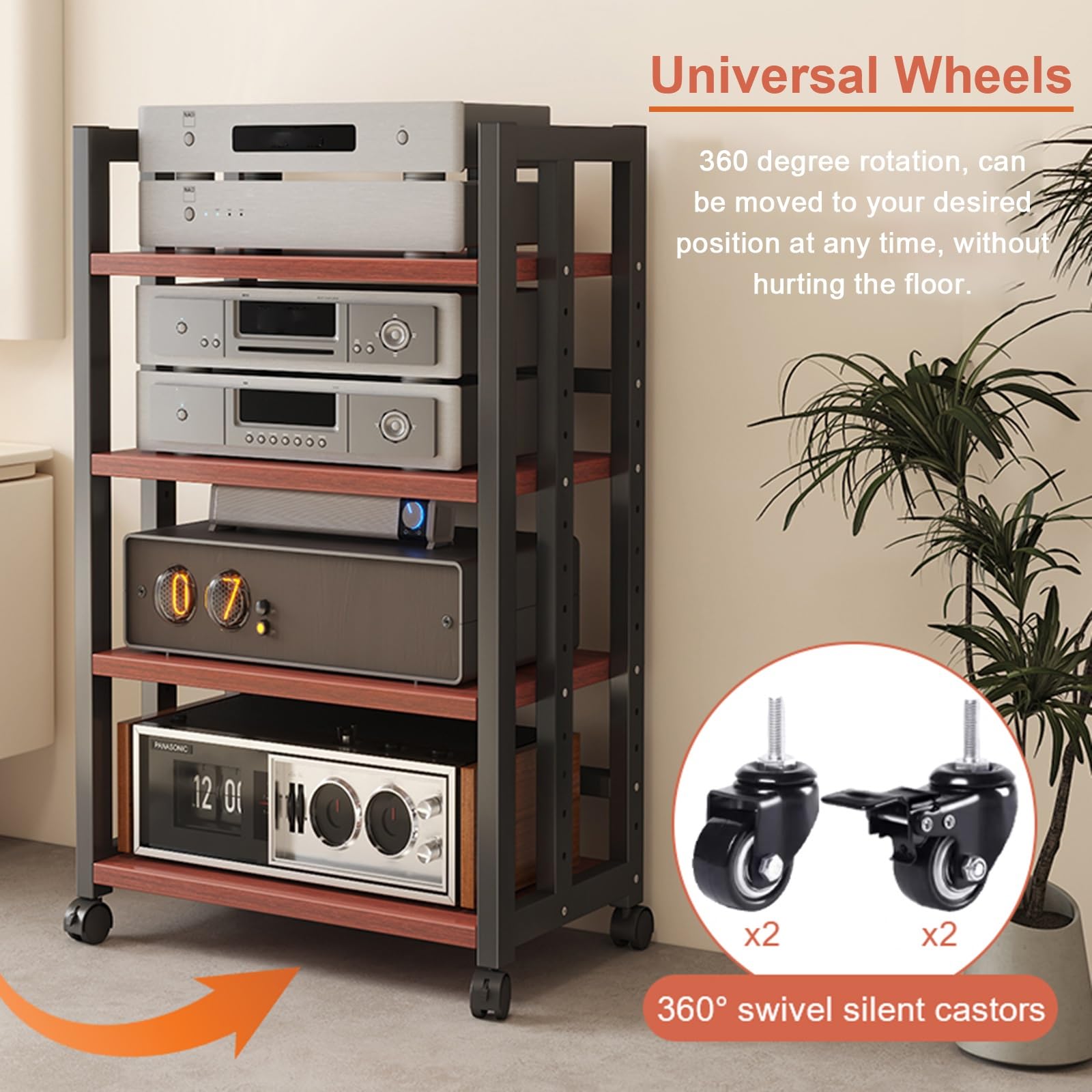 Chariot de matériel audio à roulettes robuste, étagère réglable en bois pour économiser de l'espace - Rack stéréo AV pour bureau, chambre à coucher et salon (100 cm)