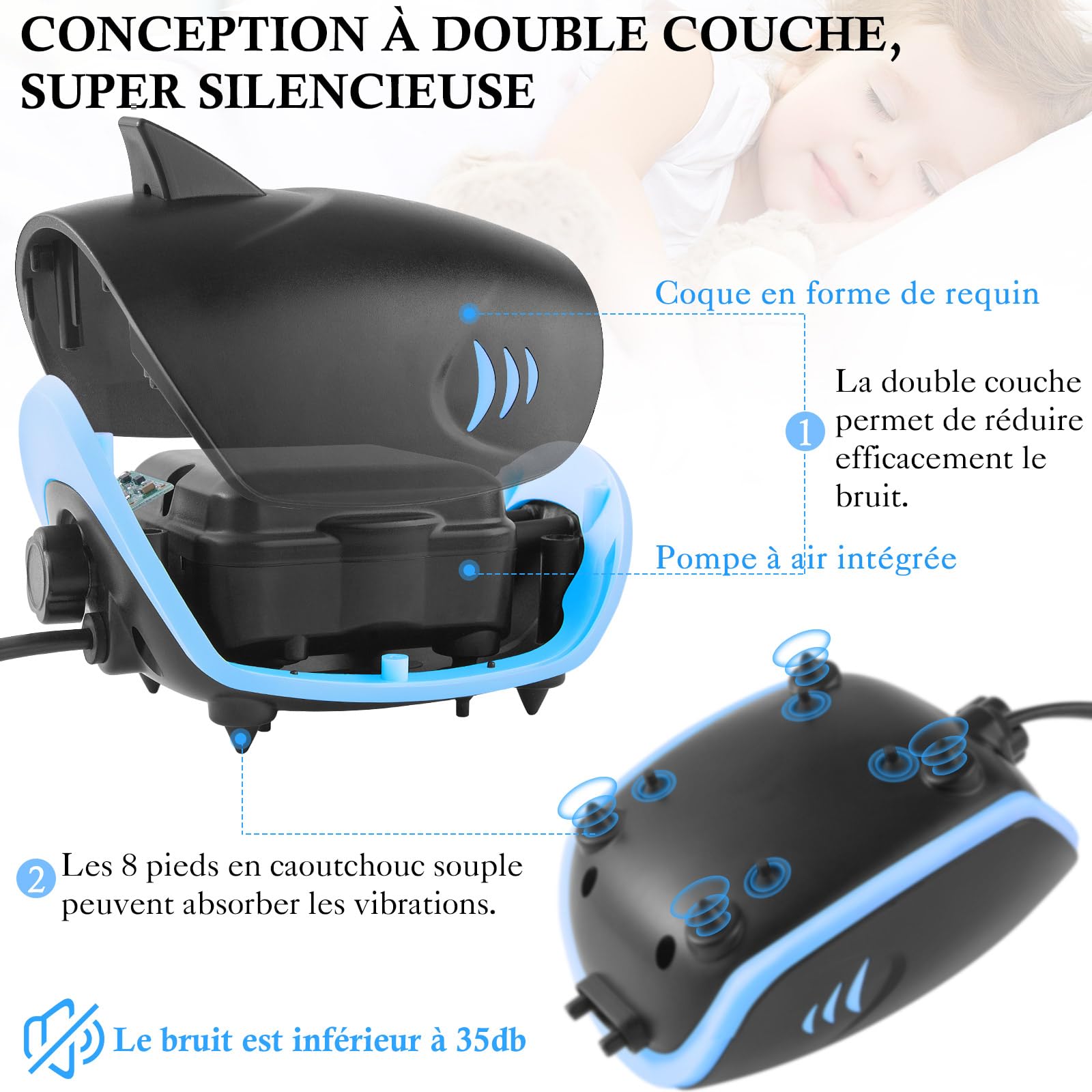 Pompe à Air pour Aquarium 3W, Pompe à Oxygène Silencieux pour Aquarium 5L/Min, Aérateur d'Aquarium Ajustable pour Réservoir Jusqu'à 400l