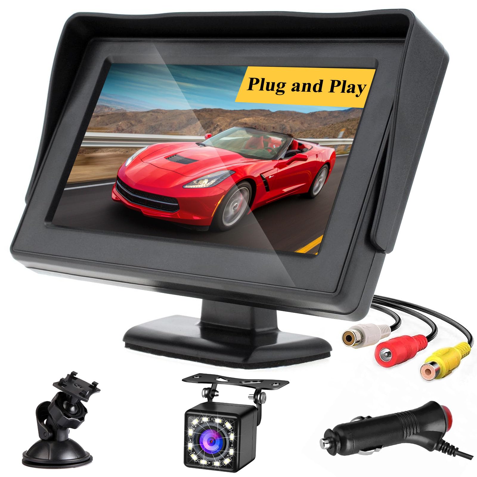Kit de Camara Trasera para Coche 4,3 Pulgadas, Cámara de Marcha Atrás Coche con Monitor, Cámara para Coche Aparcamiento Coche Prueba de Agua IP68 12 LED Visión Nocturna para Furgonetas, SUV, Camiones