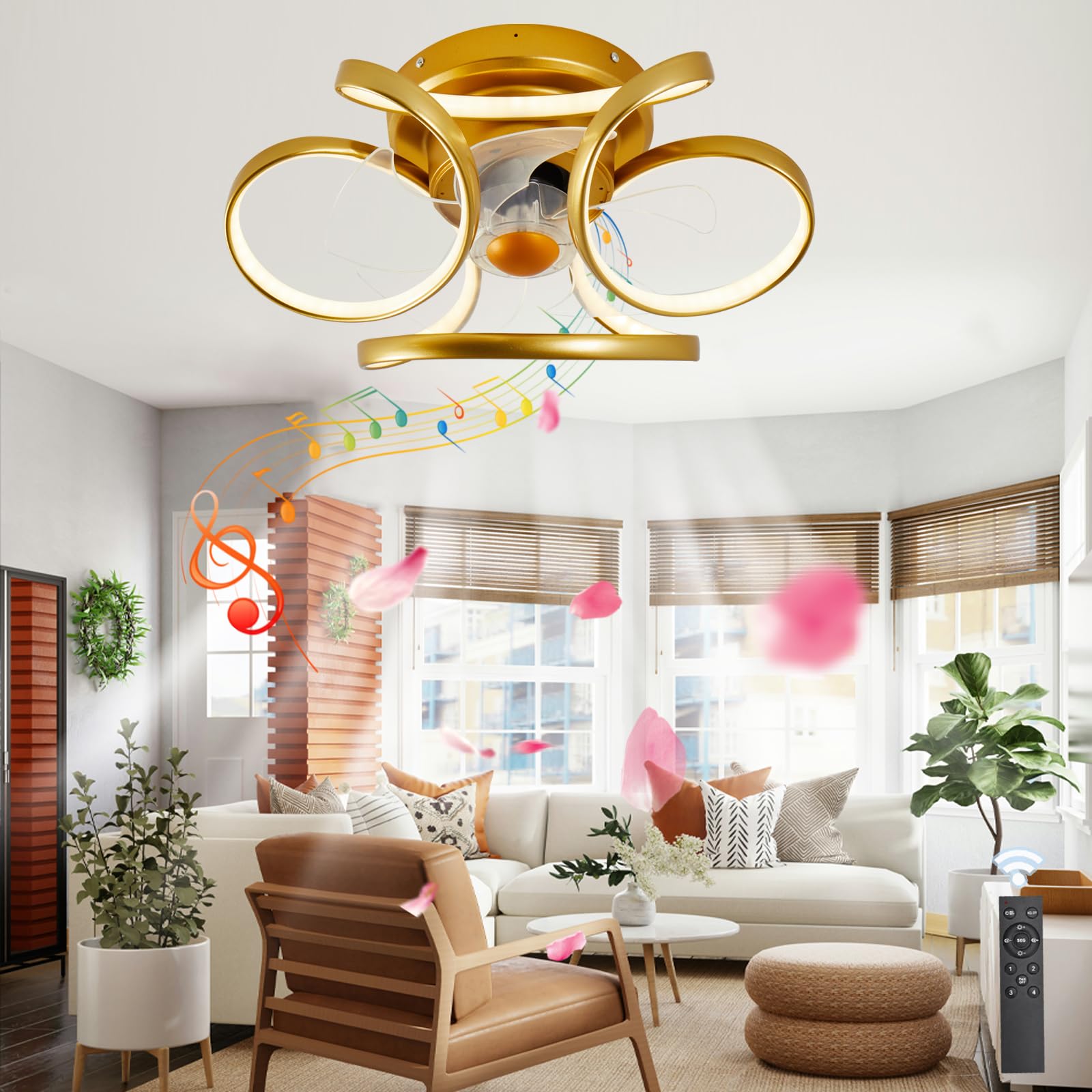 HXYSXHJUO Ceiling Fans with Lights Remote, Bluetooth Speaker, Reversible Fan Lamp, Dimmable LED Light Ceiling, Suitable for Bedroom Living Room-Gold-Bluetooth