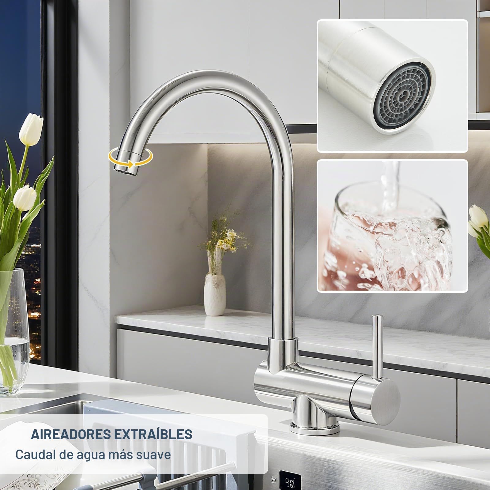 Grifo Cocina Abatible, Grifo de Fregadero Abatible Giratorio de 360°, Grifo Fregadero Cocina Plegable de Inox, Mezclador Fregadero Agua Fría y Caliente