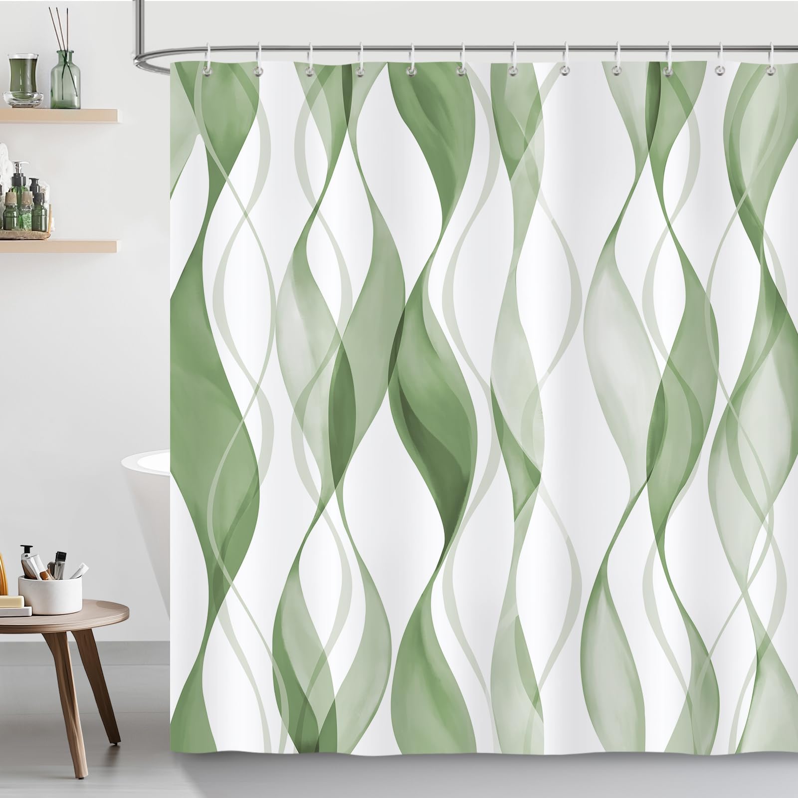 Rideau de Douche à Rayures Vert Sauge, Rideau de Salle de Bain Moderne et Minimaliste en Polyester imperméable avec 12 Crochets, 240x200cm(LxH)