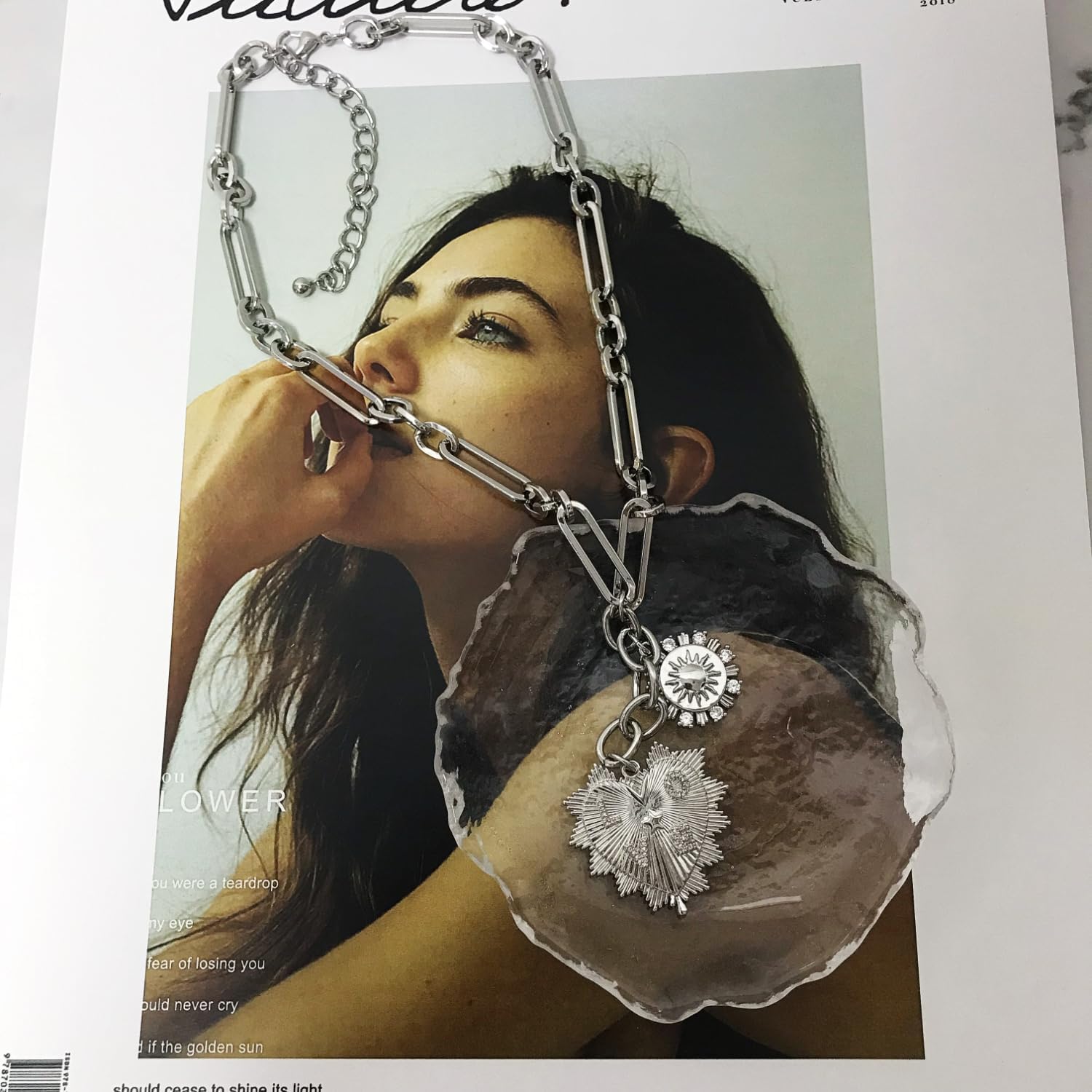 Sun Heart Pendant Choker Necklace for Women,18K Gold Plated Multi Pendants Chunky Chain Hip Hop Neutral Jewelry (Silver) - Image 8