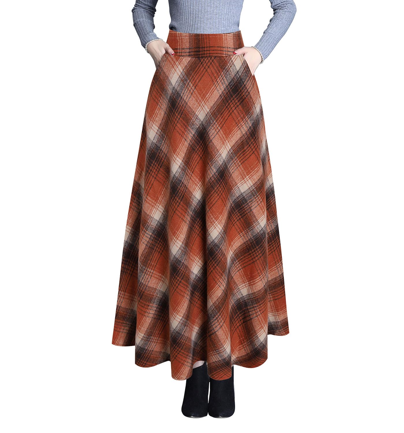 Falda de Cuadros Larga Mujer Invierno de Cintura Alta Lana Maxi Faldas Cintura Elástica Vintage Elegante Avellanada A-Line Faldas Plisadas Casual Fiesta S-3XL | Falda midi en 20 colores. Forro suave y liso, elástico, cremallera oculta derecha, dos bolsill