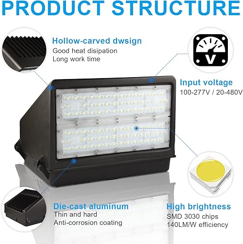 Miniatura 5 de OSTEK Paquete de luz LED de pared de 100 vatios con corte completo 14000LM 5000K  Sustituye a haluro de metal de 400 vatiosHPS, paquete de pared de