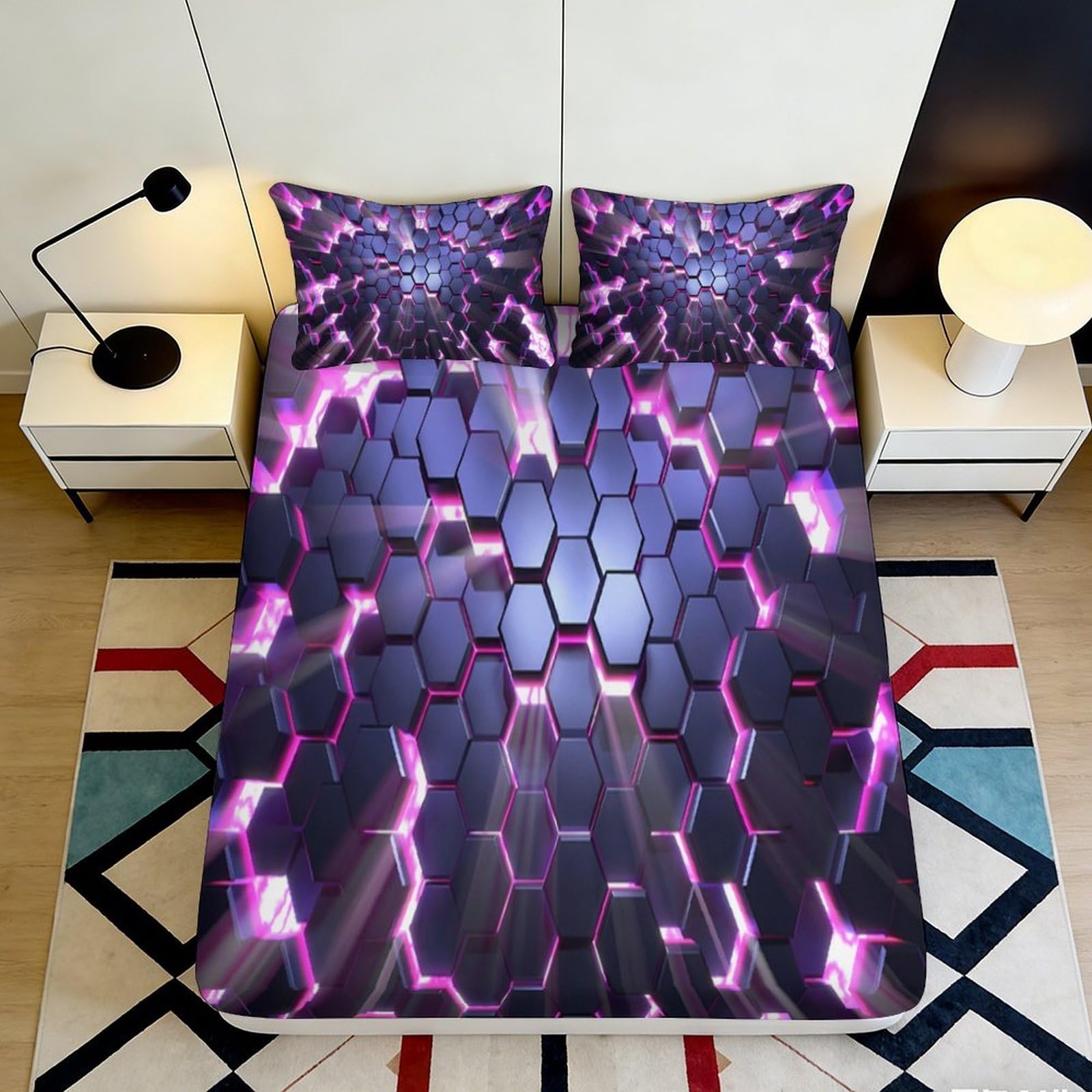 3D Printed Purple Hexagon Fitted Sheet Microfiber Soft Breathable Futuristic Neon Mattress Cover for Bedroom Dorm Decor 90x200x25cm