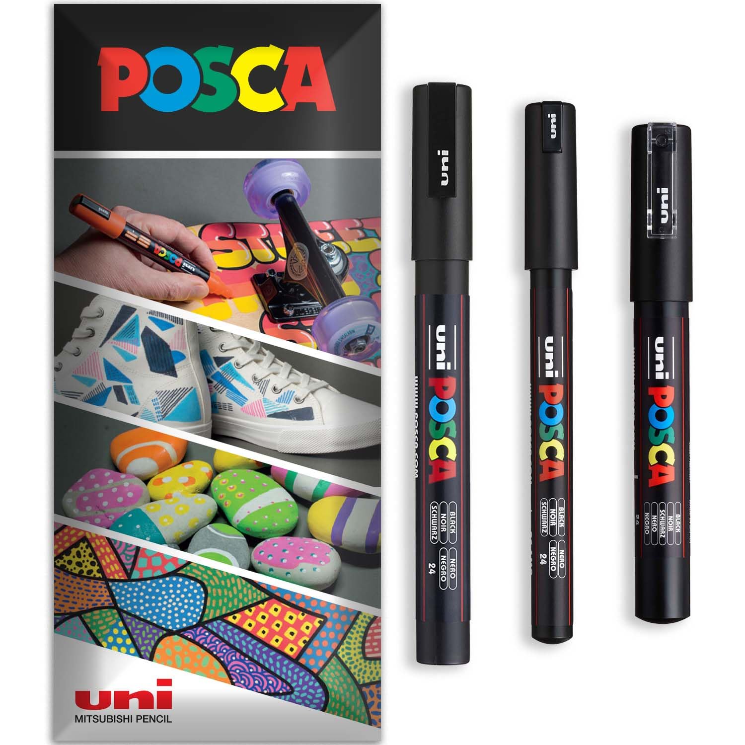 POSCA Rotuladores permanentes a base de agua para múltiples superficies PC-1MR, PC-1M, PC-3M, paquete de 3 bolígrafos en cartera (negro)