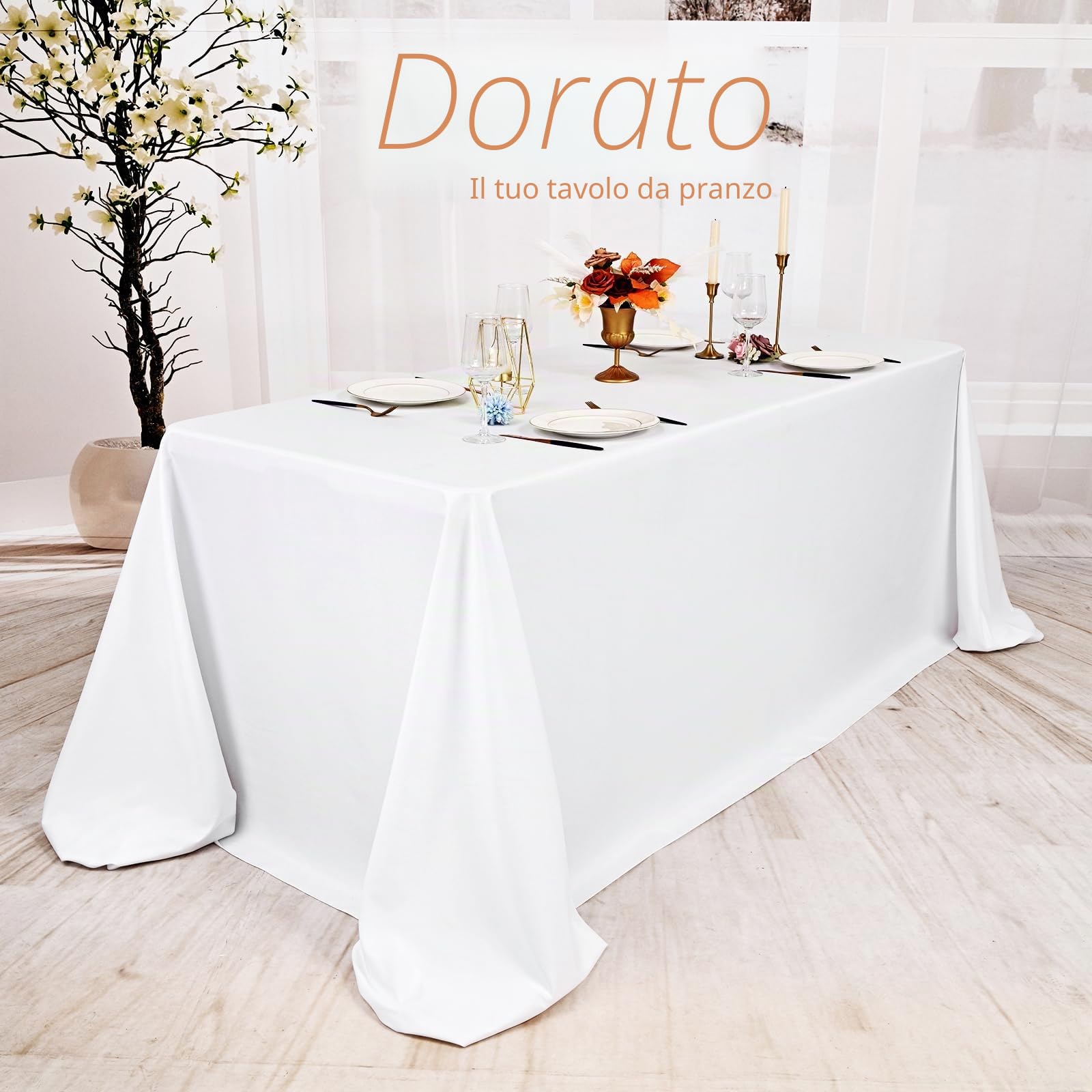 Pesonlook Confezione da 4 tovaglie rettangolari bianche, 228 x 396 cm, in poliestere lavabile, copertura per tavolo in tessuto di poliestere per matrimoni, feste, banchetti, buffet, cene di festa