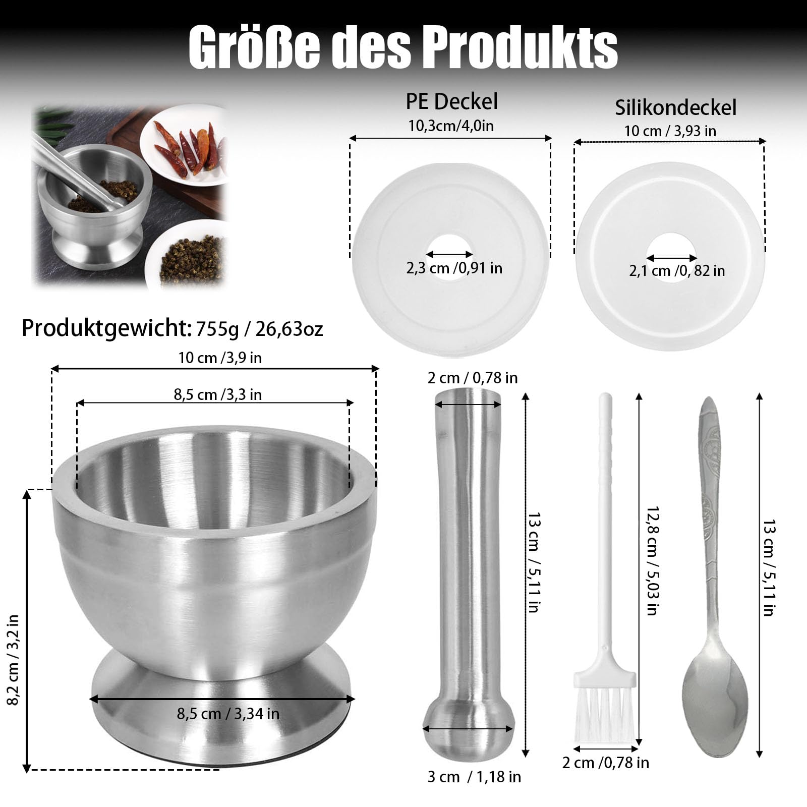 Mortero de Acero Inoxidable 304, 250ml, 10cm, con Cepillo, Cuchara y Tapa de Silicona