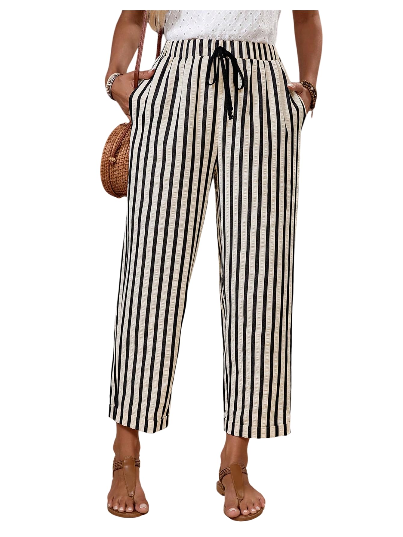 Womens Striped 3 4 Length Pants Straight Leg Drawstring Waist Cropped Pants Trousers with Pockets