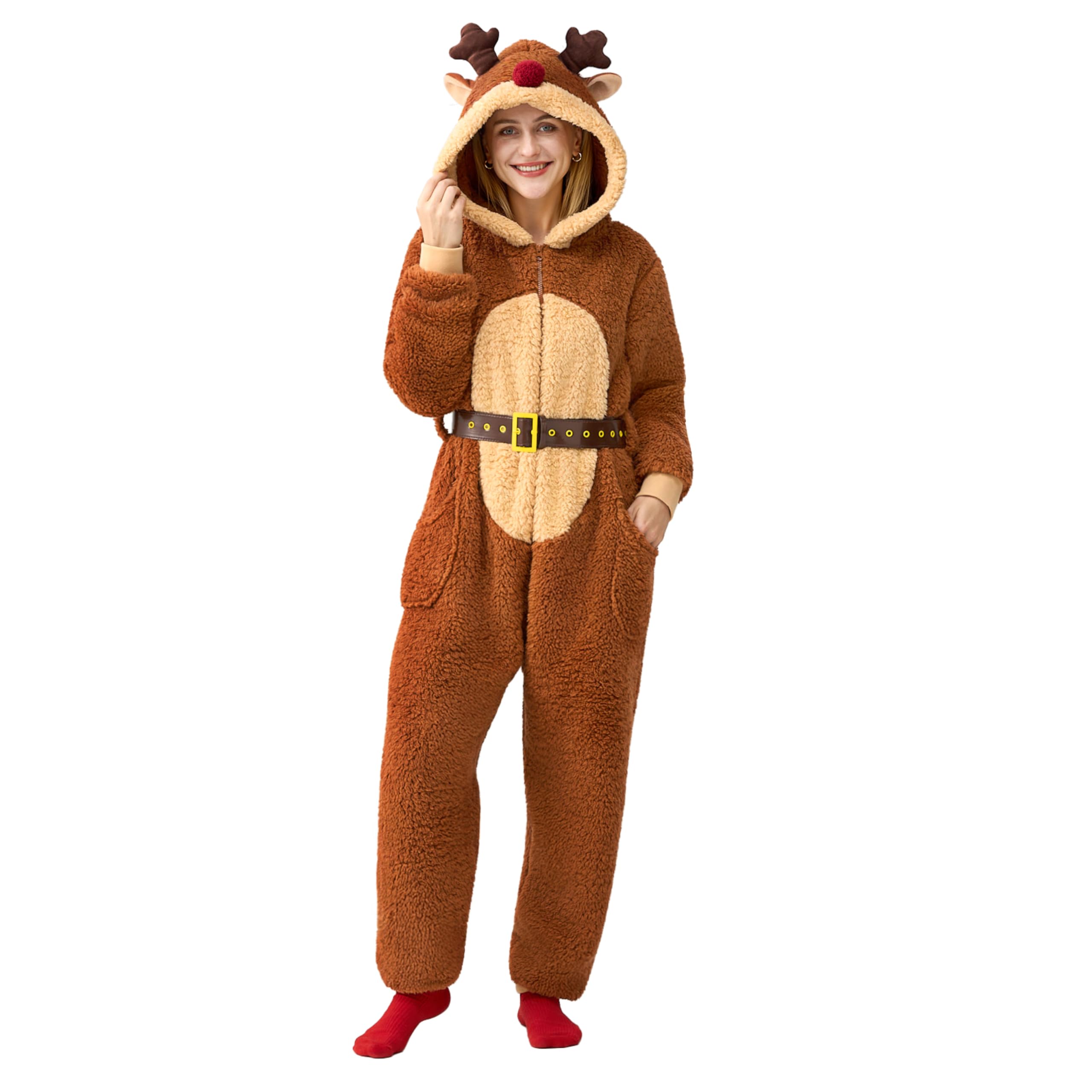 Giggling Getup Pyjama de Noël à capuche pour femme, pyjama d'hiver une pièce pour adulte, marron, X-Large