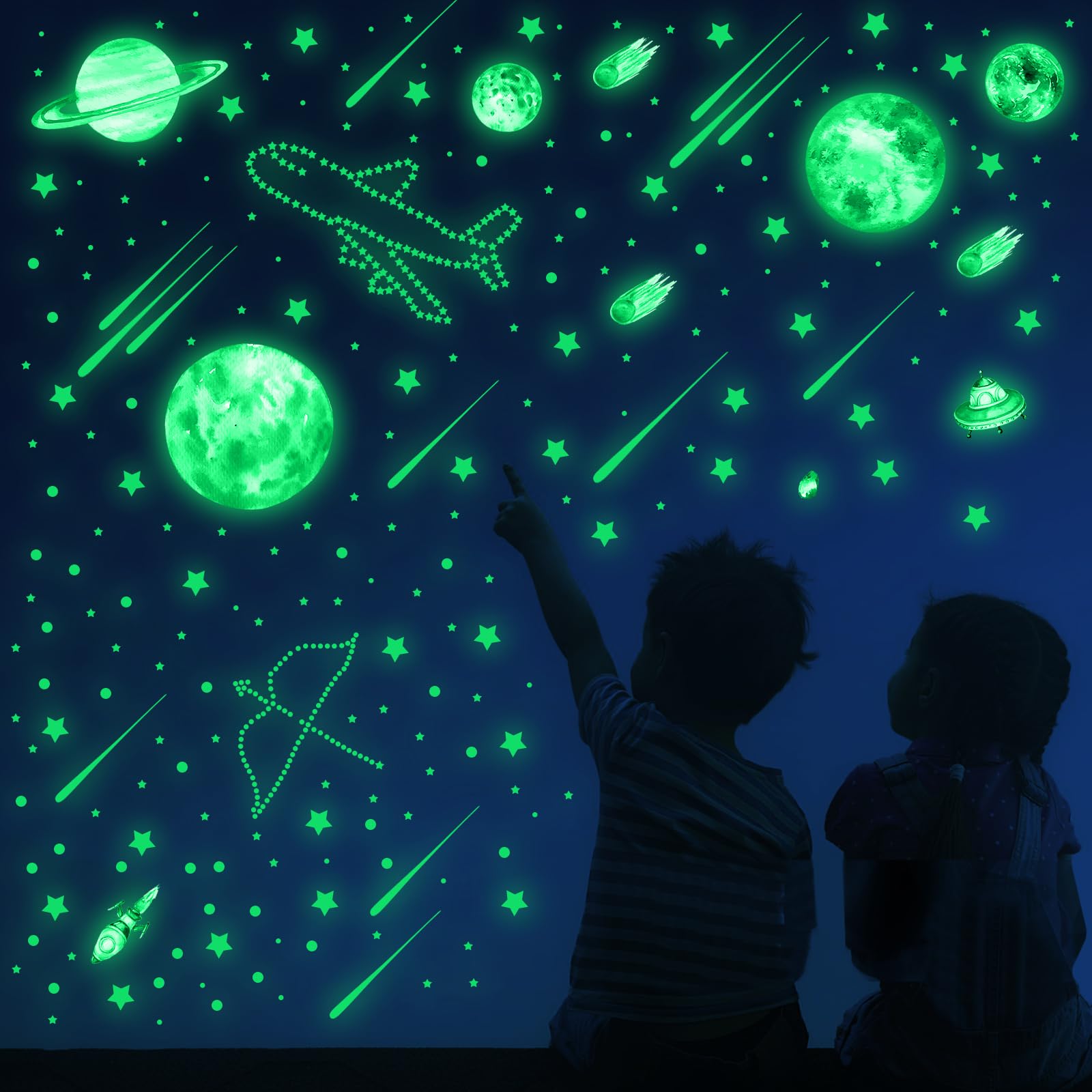 1503 Stelle Adesive Fluorescenti Per Soffitto - Luna E Astronauti, Decorazione Luminosa Per Camera Bambini, Blu - Foto 5