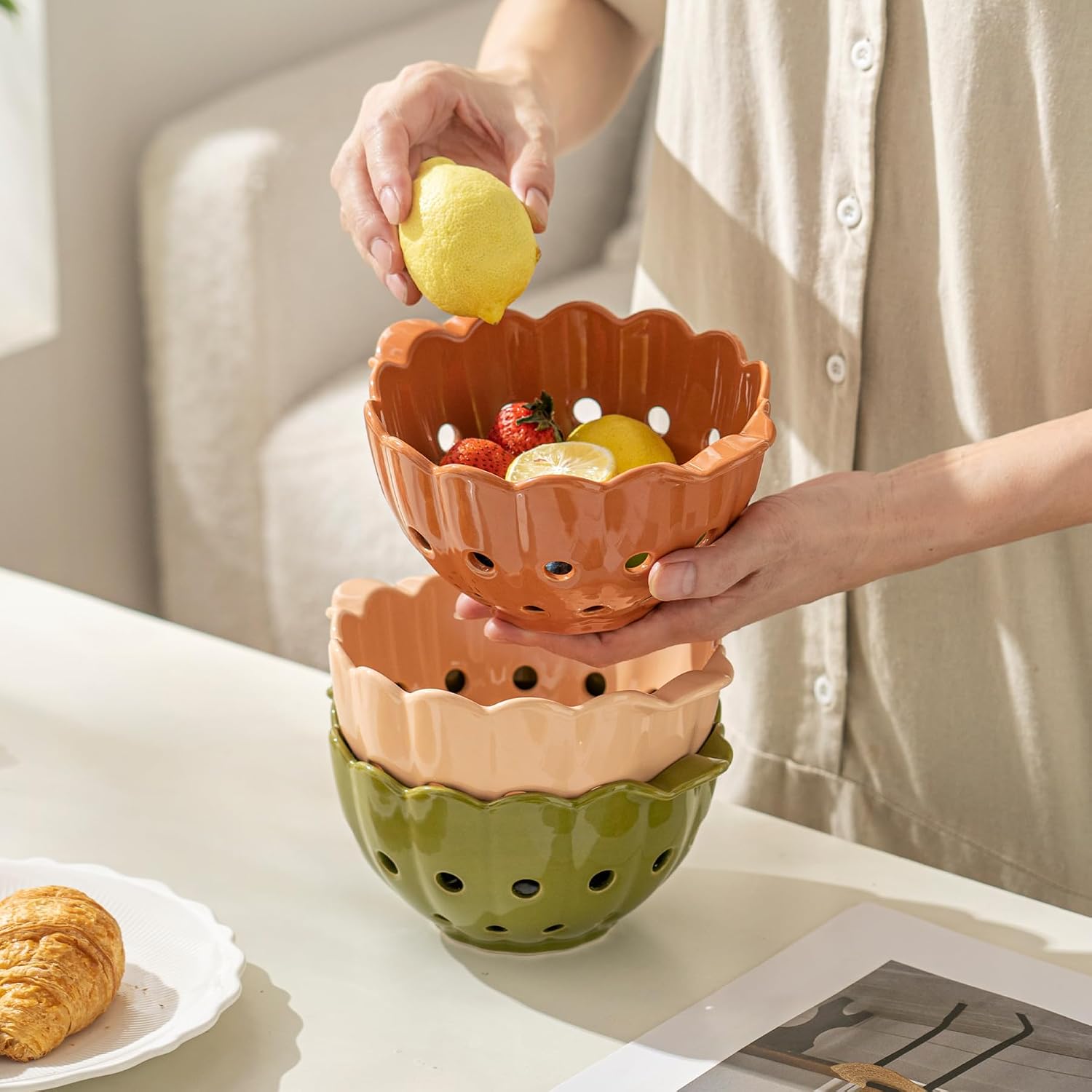 Cute Scallop Edge Ceramic Colander with Handles, Cinnamon Orange | Round Colorful Berry Basket, Small Fruit Container for Strawberry & Cherry, Ideal for Kitchen Counter, Dishwasher Safe
