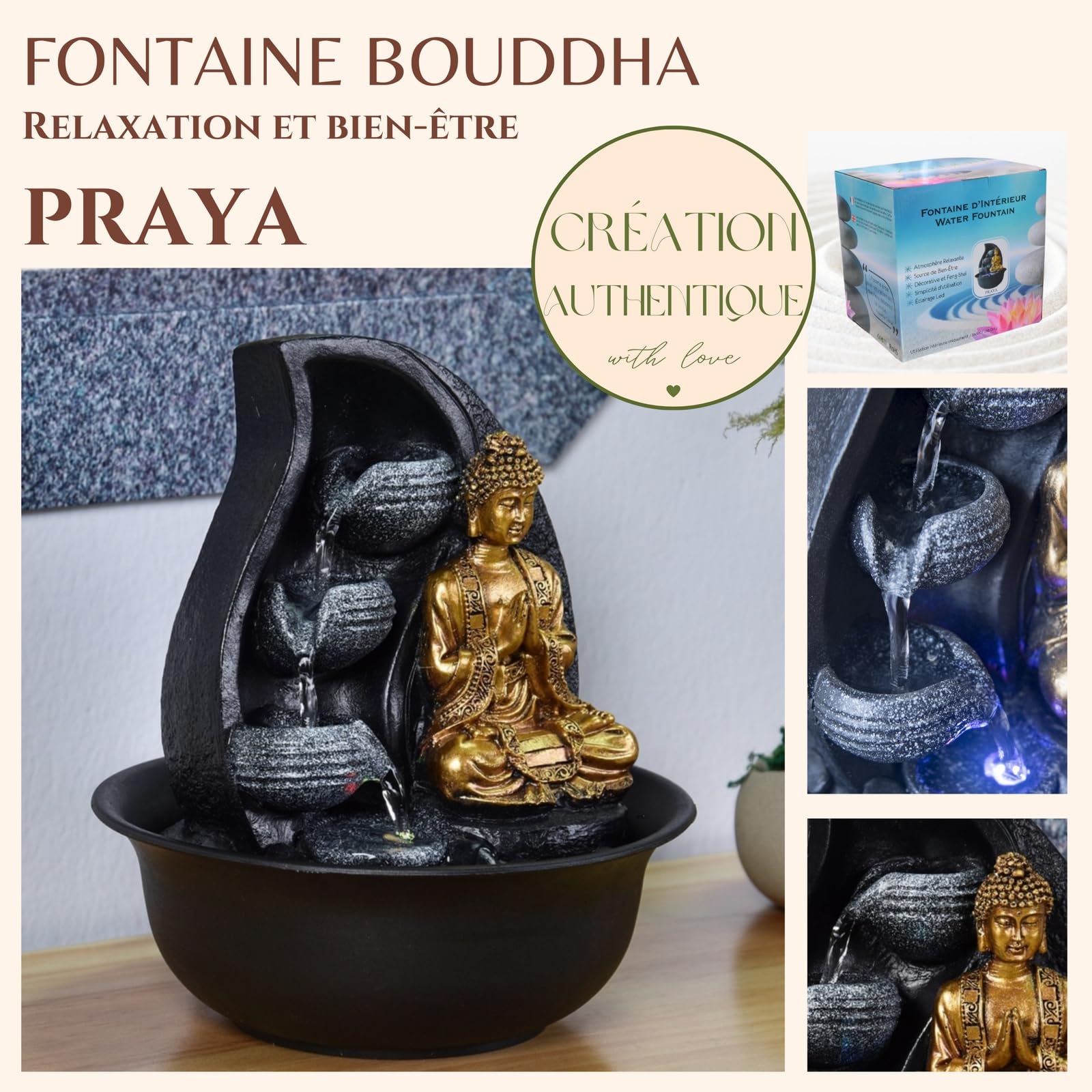 Zen Light Praya - Fuente para Interior con Bomba e iluminación LED,en Resina, Color Dorado