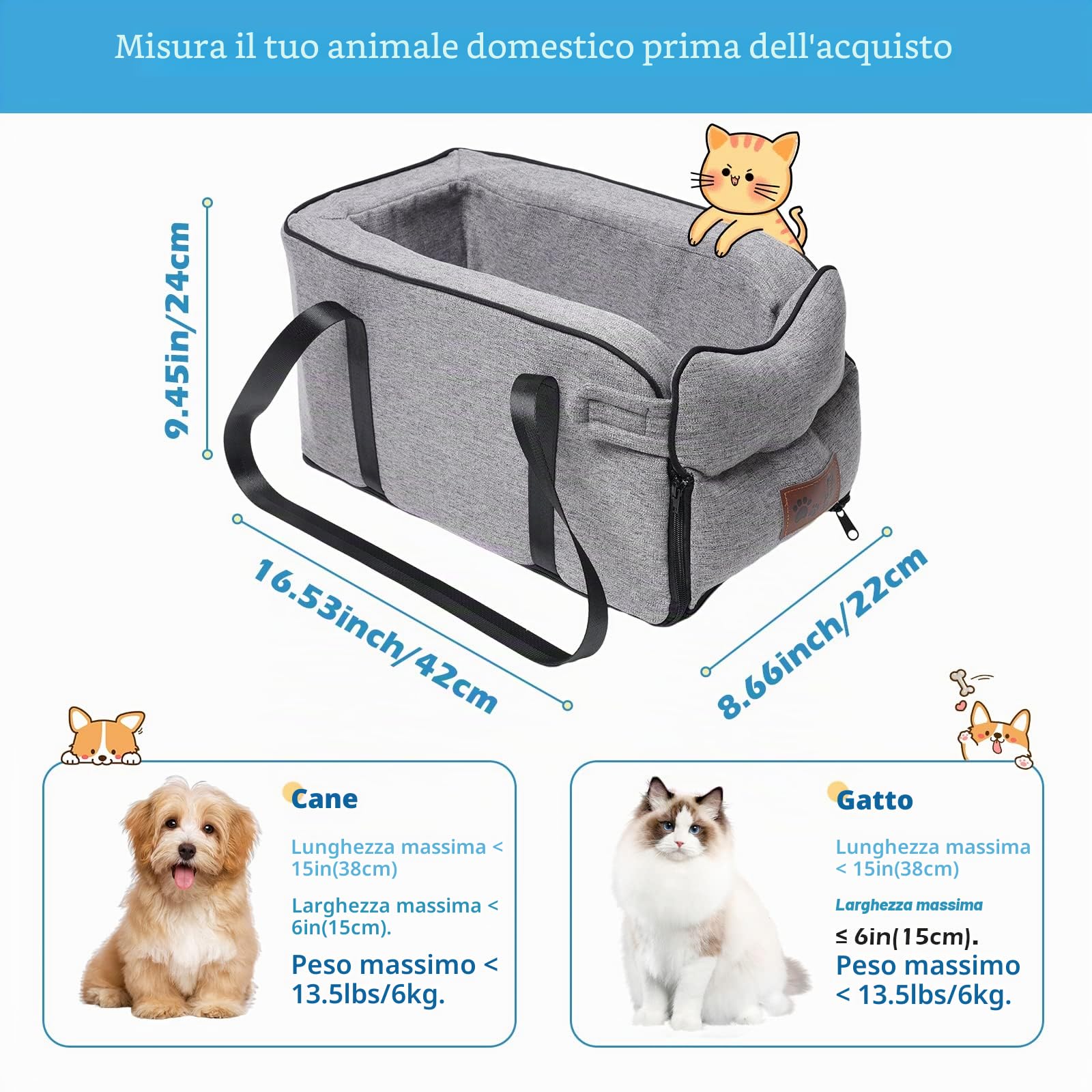 Seggiolino auto per cani di piccola taglia Seggiolino per auto per animali domestici di piccola taglia fino a 6,1 kg Console centrale Cani e Gatti Seggiolino auto adatto per auto, casa e viaggi