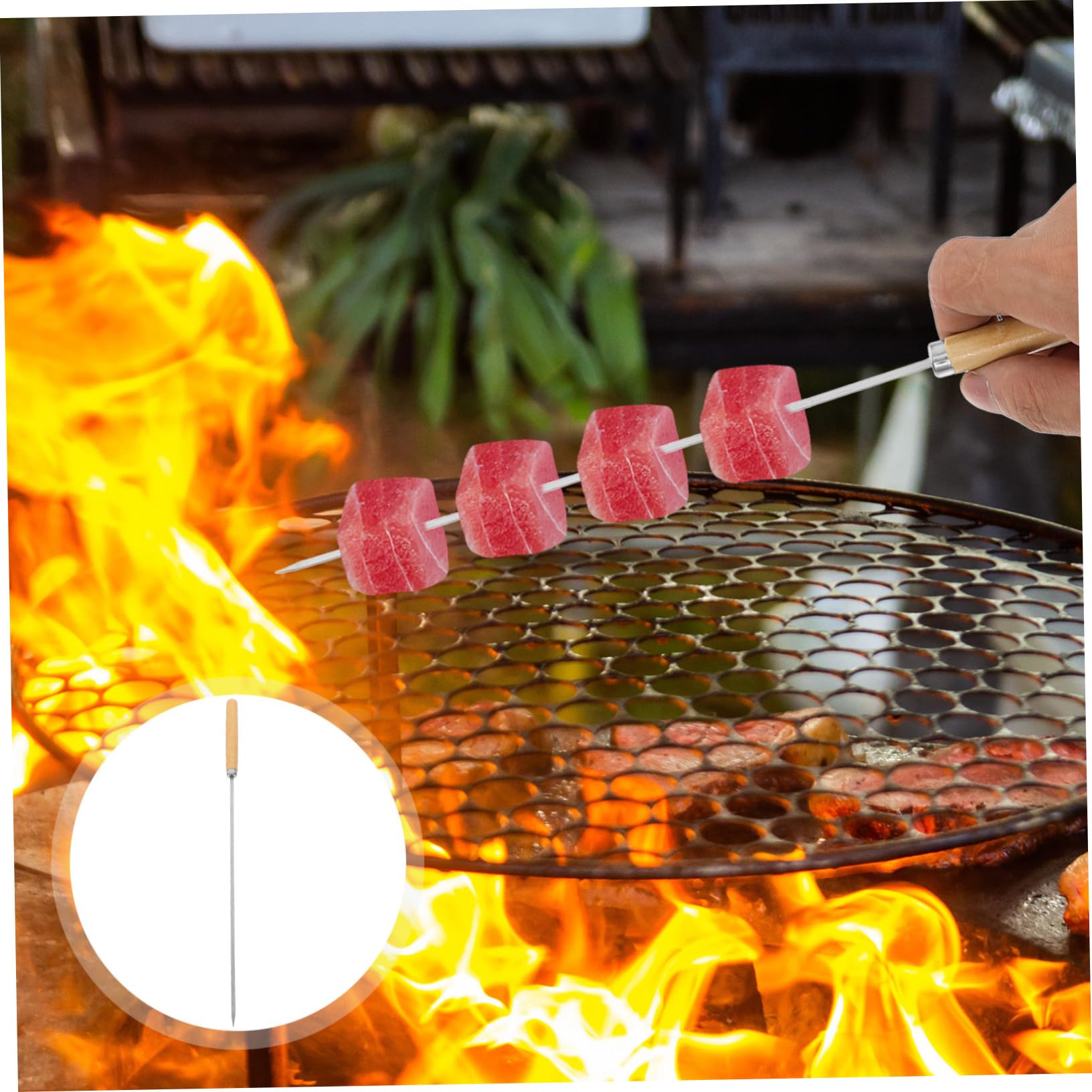 50 Spiedini in Acciaio Inossidabile Manico in Legno per Barbecue, Spiedini Piani Versatili e Antiscivolo per Carne e Verdure alla Griglia