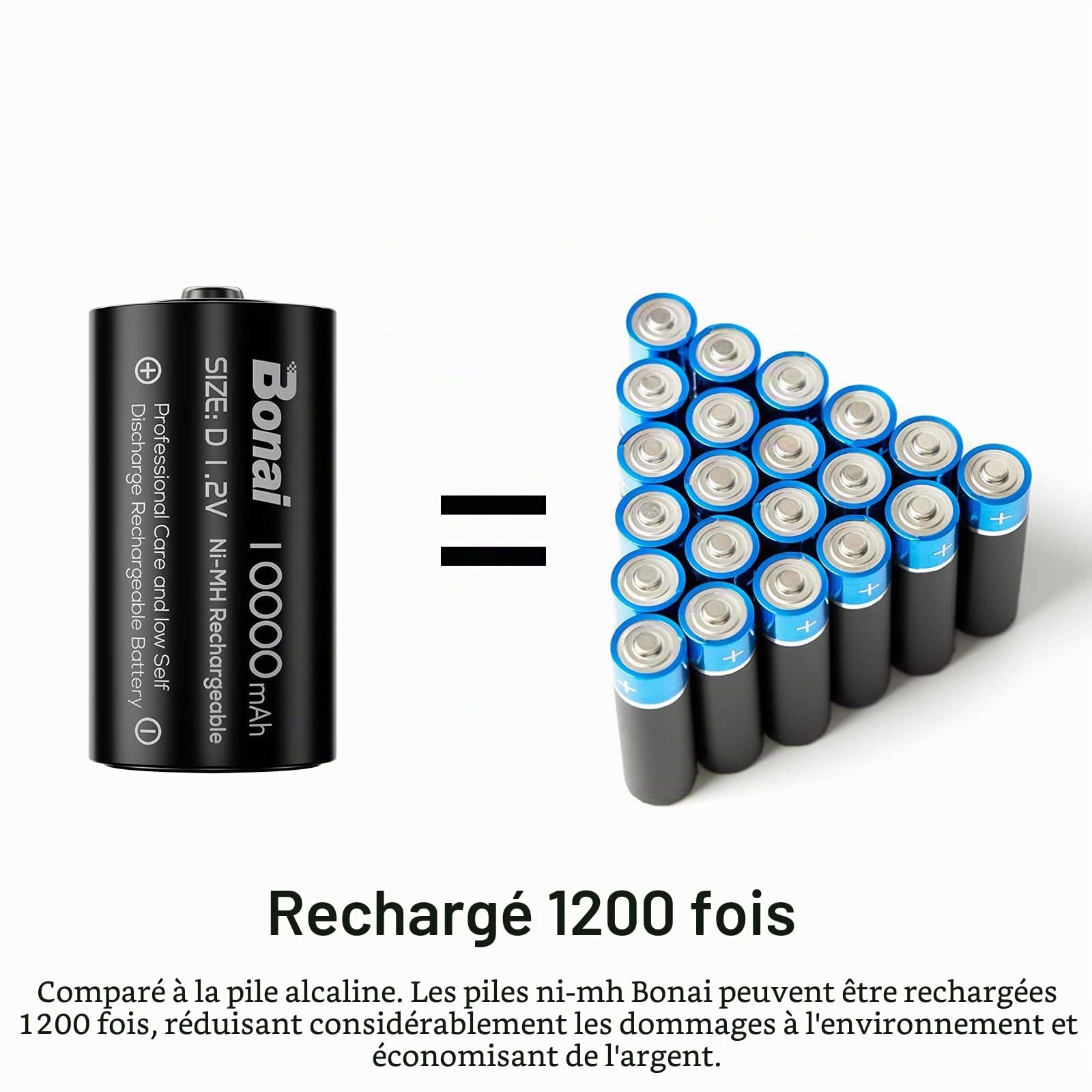 BONAI Chargeur Piles Rechargeable Universel + Lot de 4 Piles Rechargeables D/ LR20 Ni-MH 1,2 V, 10000 mAh