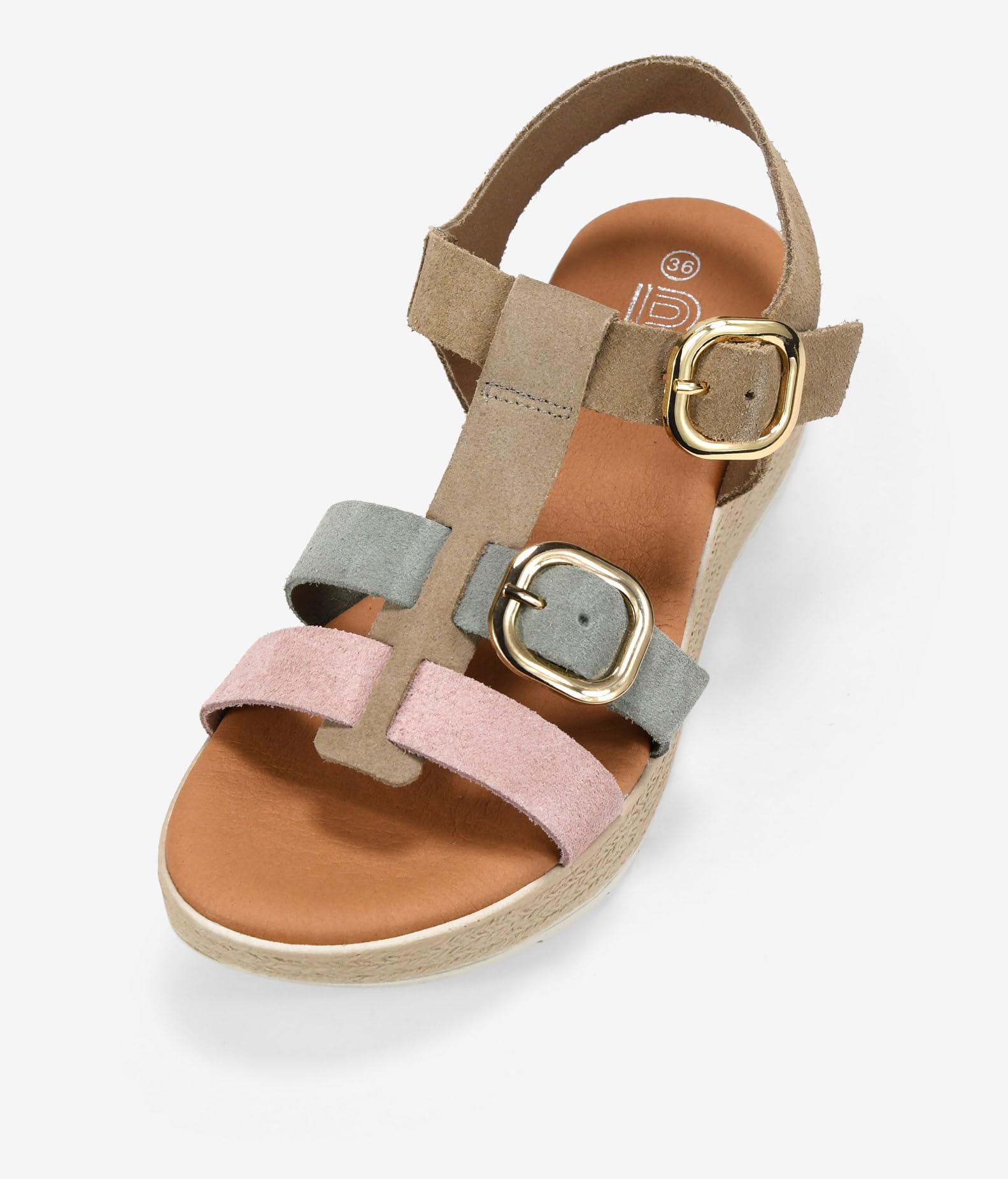 BOSANOVA Sandalias de cuña para Mujer Estilo cangrejera en Serraje Piel con Detalles en Rosa y Azul. Suela de cuña Efecto Esparto y Cierre con Hebilla. Calzado para Mujer