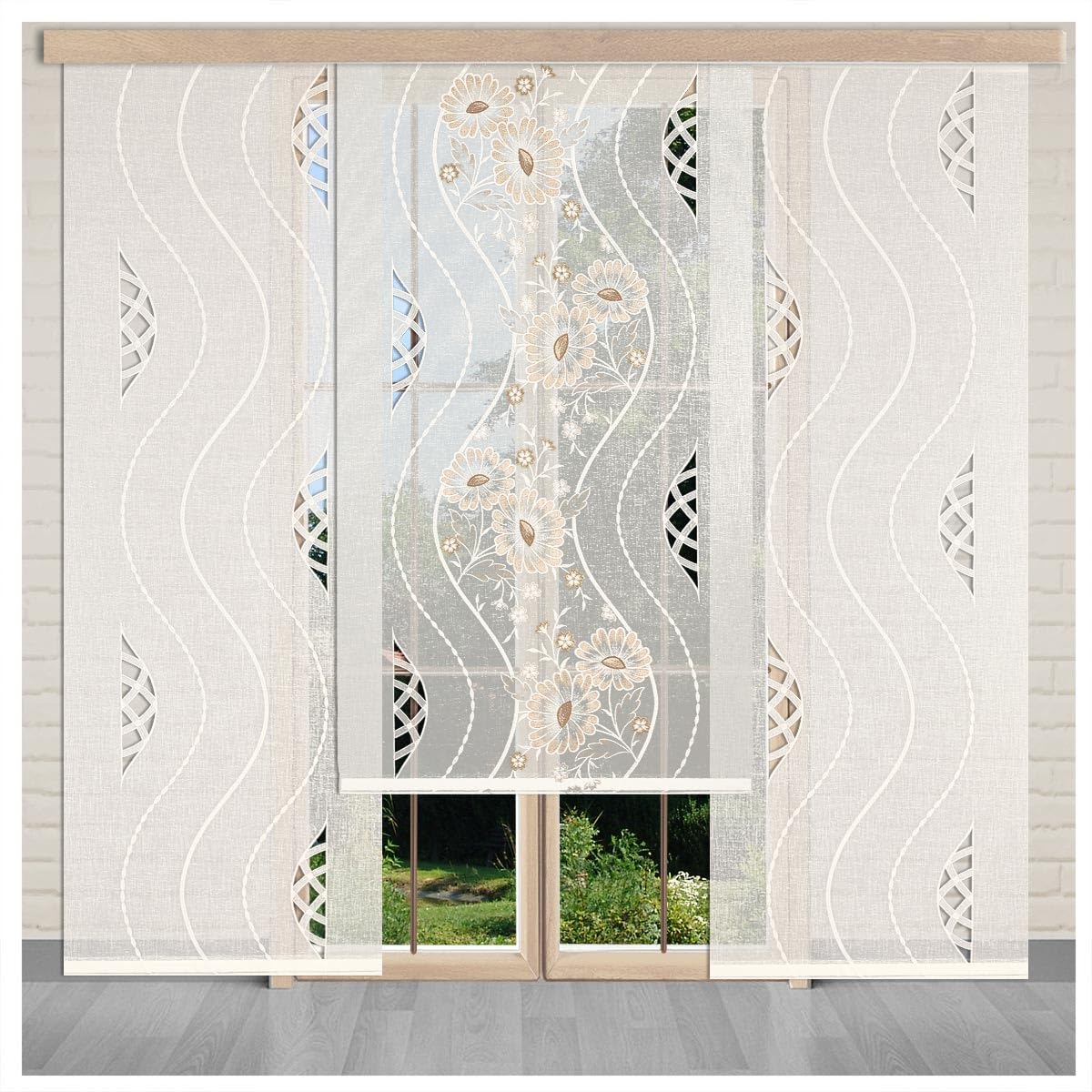 Flächengardine Eliana Vogtländische Spitze in ecrú | Schiebepaneele Wellen-Muster in natur | Zeitloser Flächenvorhang halbtransparent | Schiebegardine Käseleinenoptik Höhe x Breite 93 x 45 cm