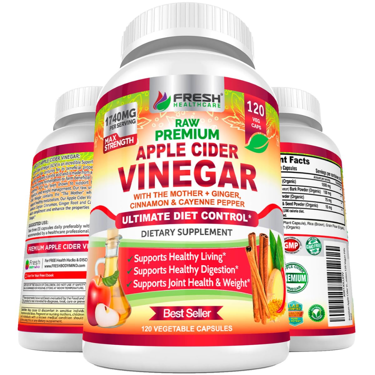 FRESH HEALTHCARE Apple Cider Vinegar Capsules with The Mother, 1740mg ACV Pills with Ceylon Cinnamon, Ginger & Cayenne, Non-GMO Gluten Free Vegan Supplement for Digestion and Bloating, 120 Count