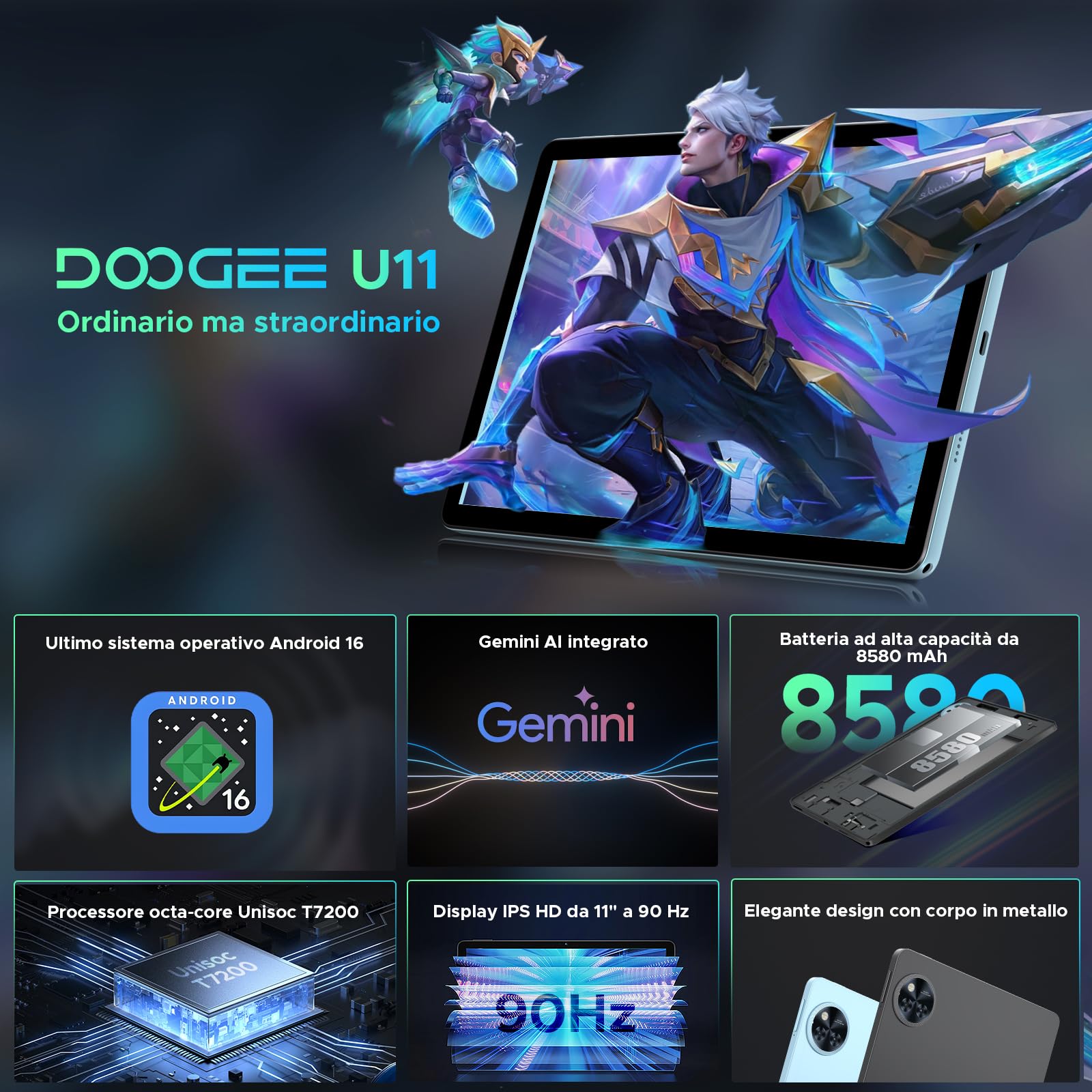 U11 Android 16 Tablet 11 Pollici Gemini AI, 16GB+128GB/2TB TF, 90Hz, 8580mAh, Tablet con Tastiera e penna, Mouse, Case, Gaming Tablets Unisoc T7200 Octa Core/13MP+5MP/WiFi 5/Face ID, Grigio