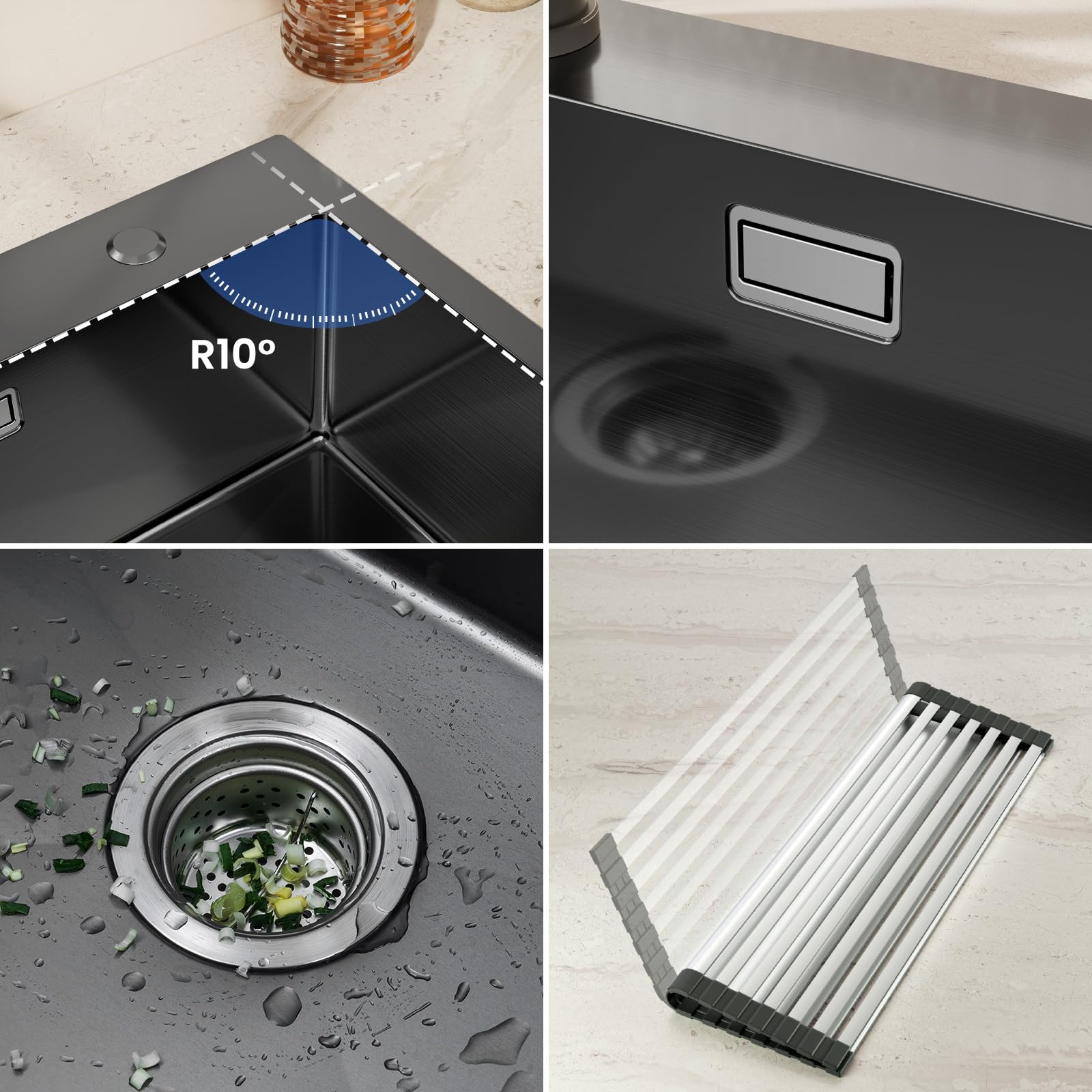 CECIPA 75x45 cm Évier Cuisine noir 1 Bac en Acier Inoxydable, Avec égouttoir pliable, dispositif anti-débordement et un kit de vidange, Convient 80 centimètres plus Évier intégré