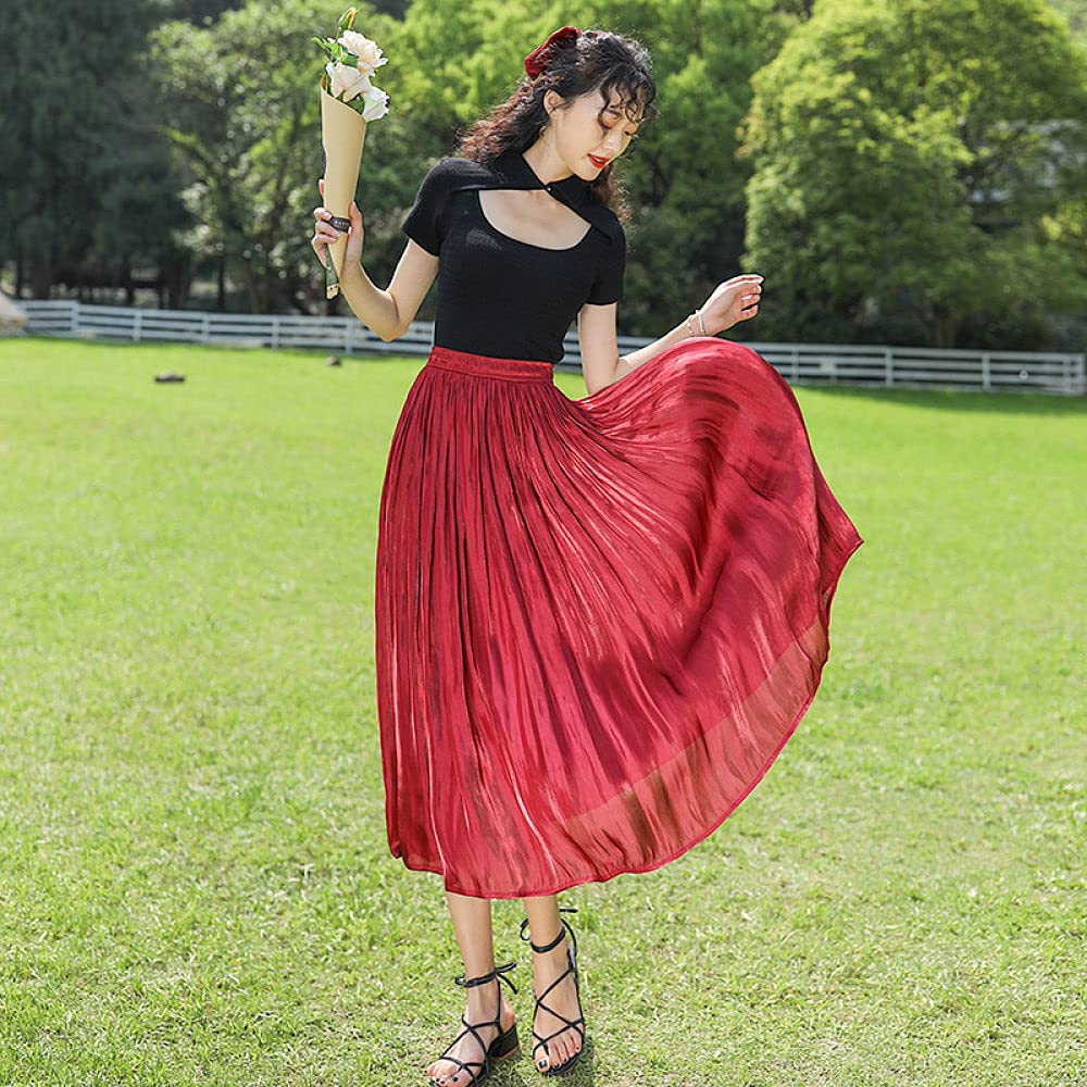 Falda Larga Mujer,Faldas Midi De Cintura Alta Seda De Imitación Nacarado Fluido Gran Swing Verano Elegante Temperamento Falda Plisada De Una Línea con Cintura Elástica para Niña Fecha De Vacacio