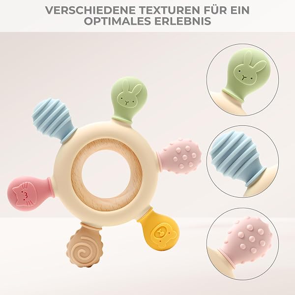 CAJA Beißring Baby BPA freie Zahnungshilfe und Beißspielzeug aus Silikon und Holz Greifring mit Tiermotiv Geschenkidee zur Geburt Sicheres Babyspielzeug für Jungen und Mädchen - 4