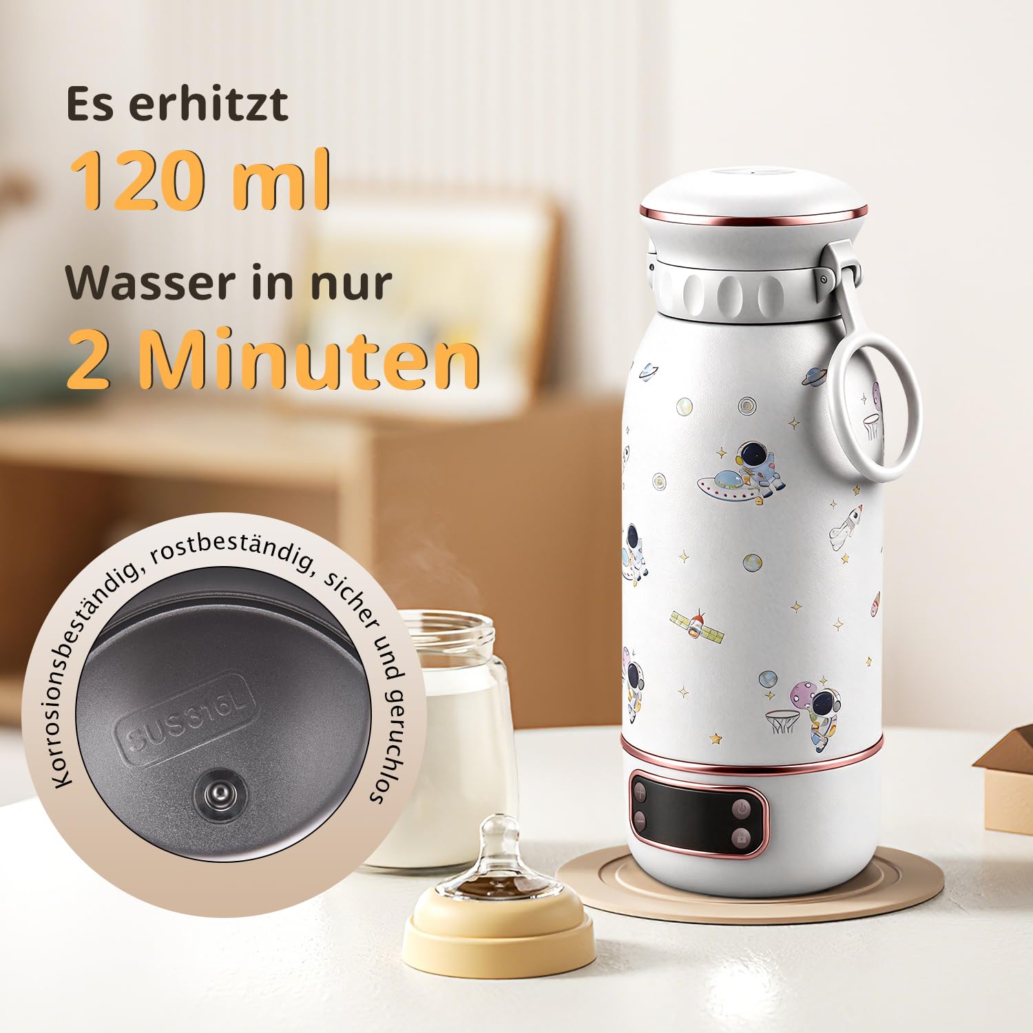 Tragbarer Flaschenwärmer Baby Unterwegs, Baby Erstausstattung Neugeborene | 500ml, 2 Min Aufheizzeit, 18000 mAh, 2H Ricarica rapida, Lang anhaltende Wärmespeicherung 24h, Reise Wasserkocher
