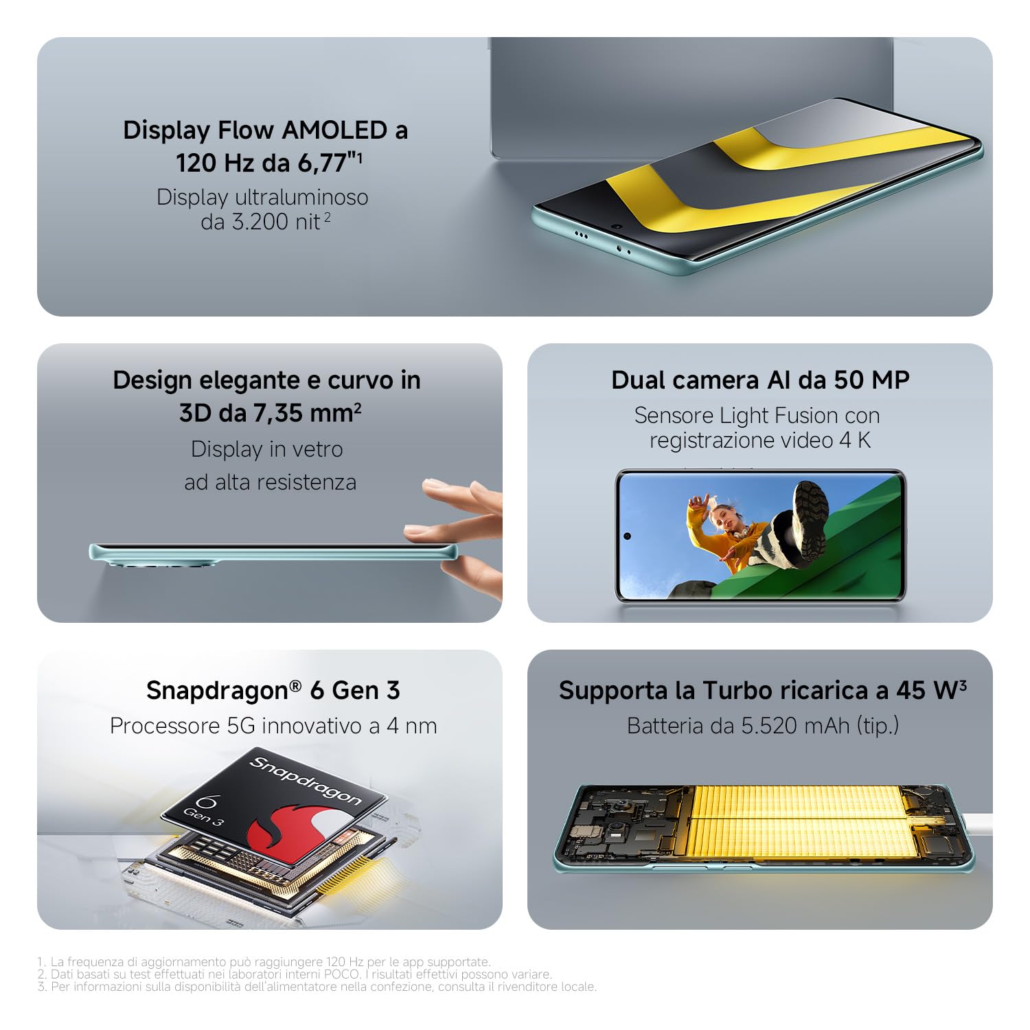 Xiaomi POCO M8 5G, Smartphone 8+256GB, Display AMOLED FIoW 6,77" 120Hz, Snapdragon® 6 Gen 3, Doppia fotocamera AI 50MP, Design curvo 3D da 7,35 mm, Argento, Garanzia 2 anni, Caricatore non incluso