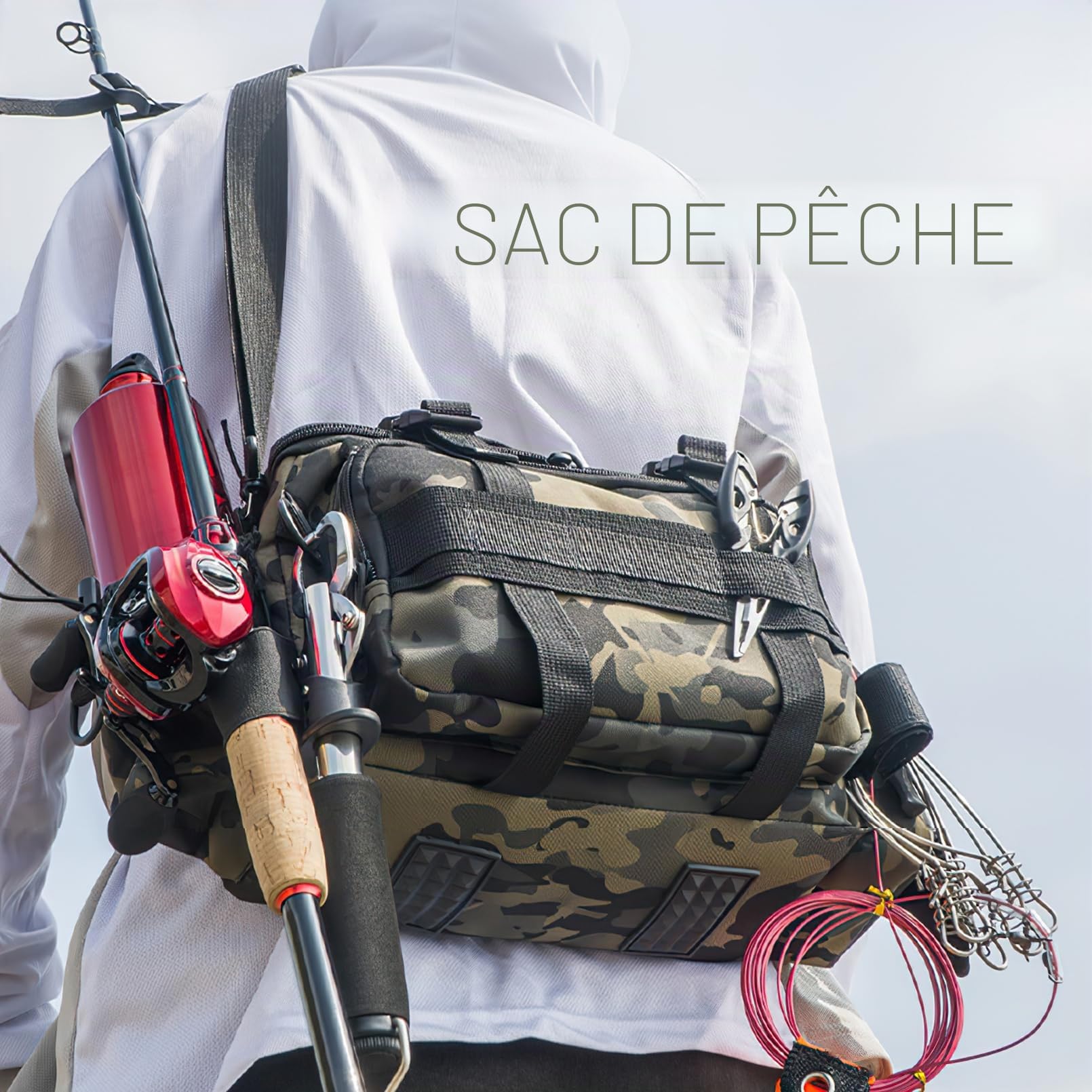Croch Sac de pêche - Sac de pêche étanche avec bandoulière - Sac de rangement multifonction pour matériel de pêche en plein air et accessoires, multicolore, gris camouflage