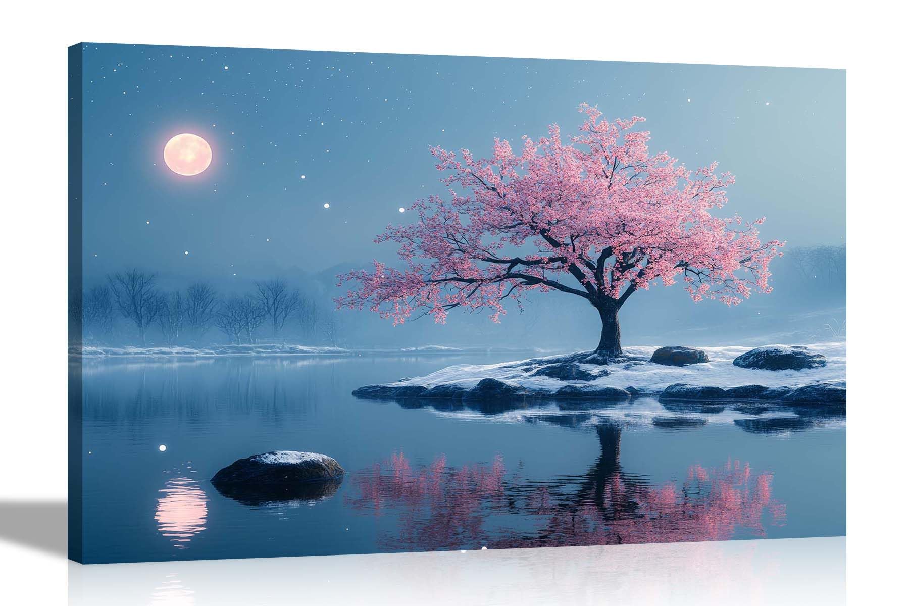 Artley Prints Winter Pink Tree Blossom - Fullmoon Starry Night Pink Tree Lake Canvas Prints For Living Room Bedroom Landscape Wall Art Pictures 76 X 50Cm (30 X 20 Inches)