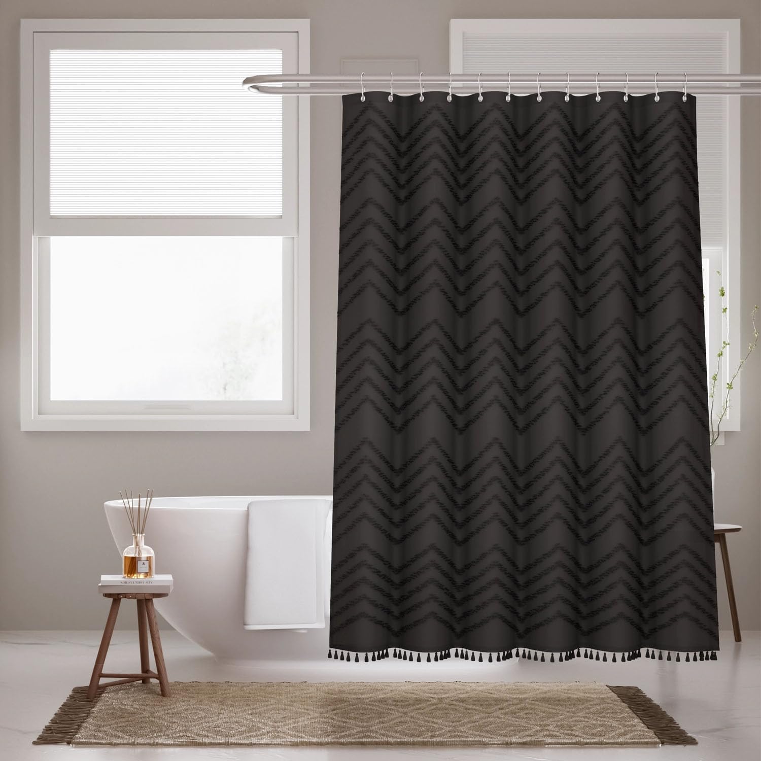 Inhousolu Boho Woven Fabric Shower Curtain, Tufted Textured Chevron Striped  Tassel, Modern Farmhouse Cloth, Waterproof Washable Curtain for Bathroom  Hotel (Black, W 72″ x L 72″ (1 Panels)) – BigaMart, image size:1500x1500