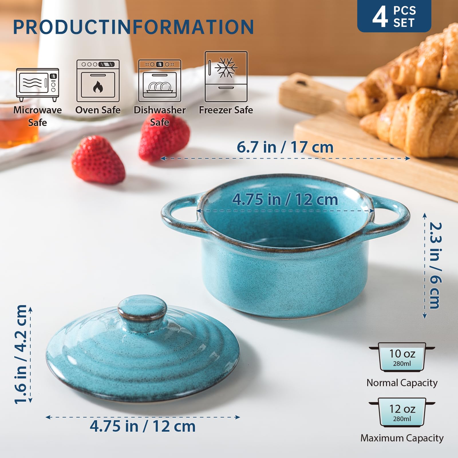 HENXFEN LEAD Cazuela de cerámica, 350 ml, mini ramequines de soufflé de cocottes con tapas y asas, juego de 4 moldes pequeños para hornear, azul reactivo