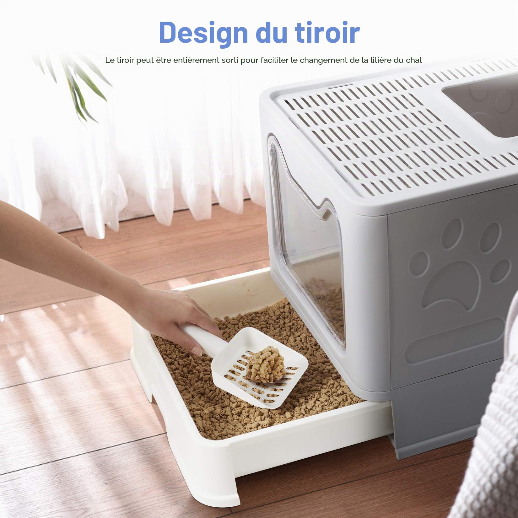 BingoPaw Bac Litière Chat XXL: Maison de Toilette pour Chats Anti Odeur Caisse Litière Fermée Grande Taille avec Filtre Tiroir et Pelle 51 x 41 x 38 cm
