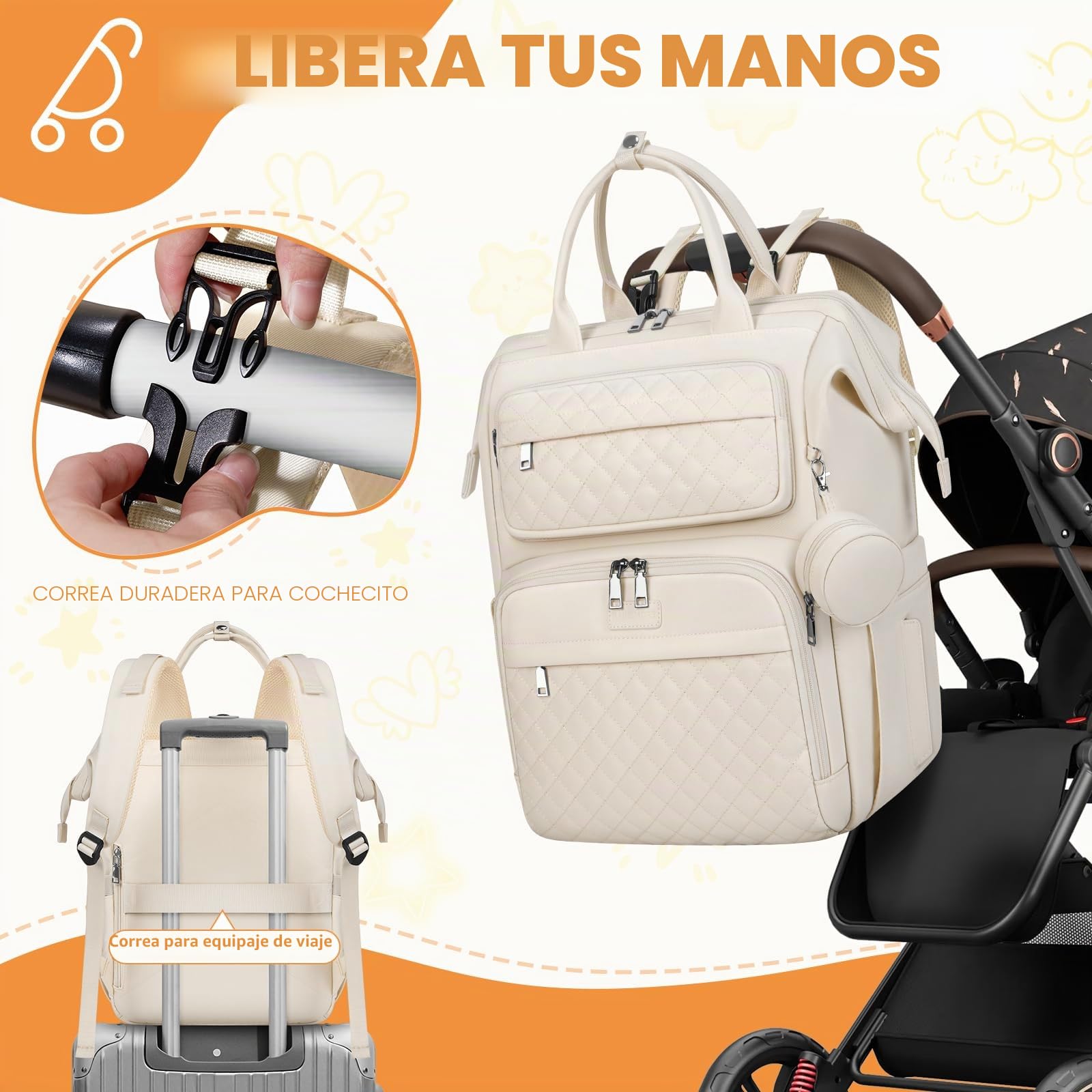 RAINSMORE Mochila Bebe Multifuncional Mochila Carro Bebe con Cambiador Portátil y Portachupete Pañaleras para Bebes Grande Mochila Cambiador para Mamá y Papá