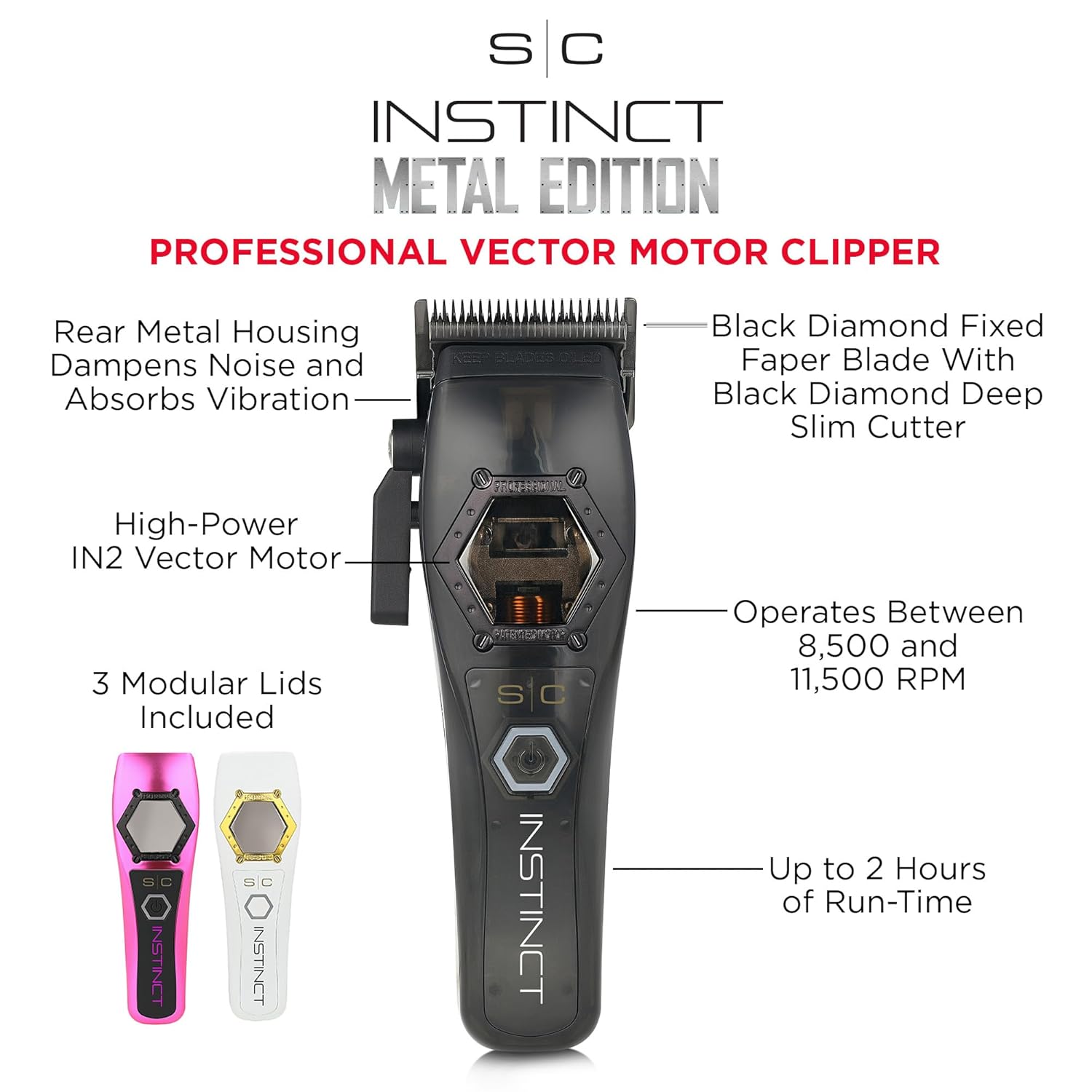 Stylecraft Instinct Metal Edition Professional Cordless Hair Trimmer & Clipper Bundle with IN2 Vector Motor, Black Diamond Carbon Blades, 2-Hour Runtime, Charging Stands & Accessories