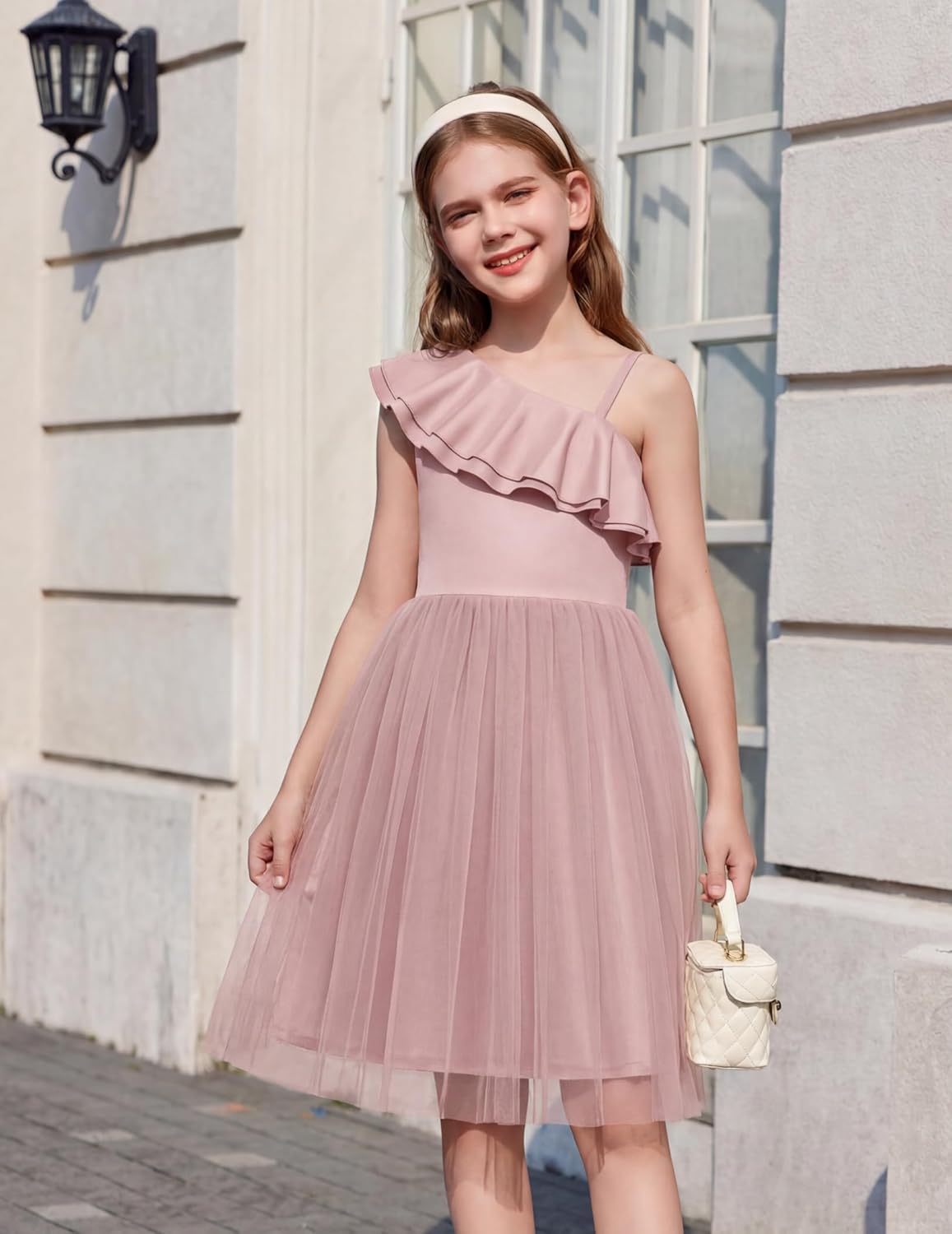 Arshiner Girls Dresses Ruffle Trim Off Shoulder Formal Wedding Party Fancy Summer Tulle Dress for 6-14 Years