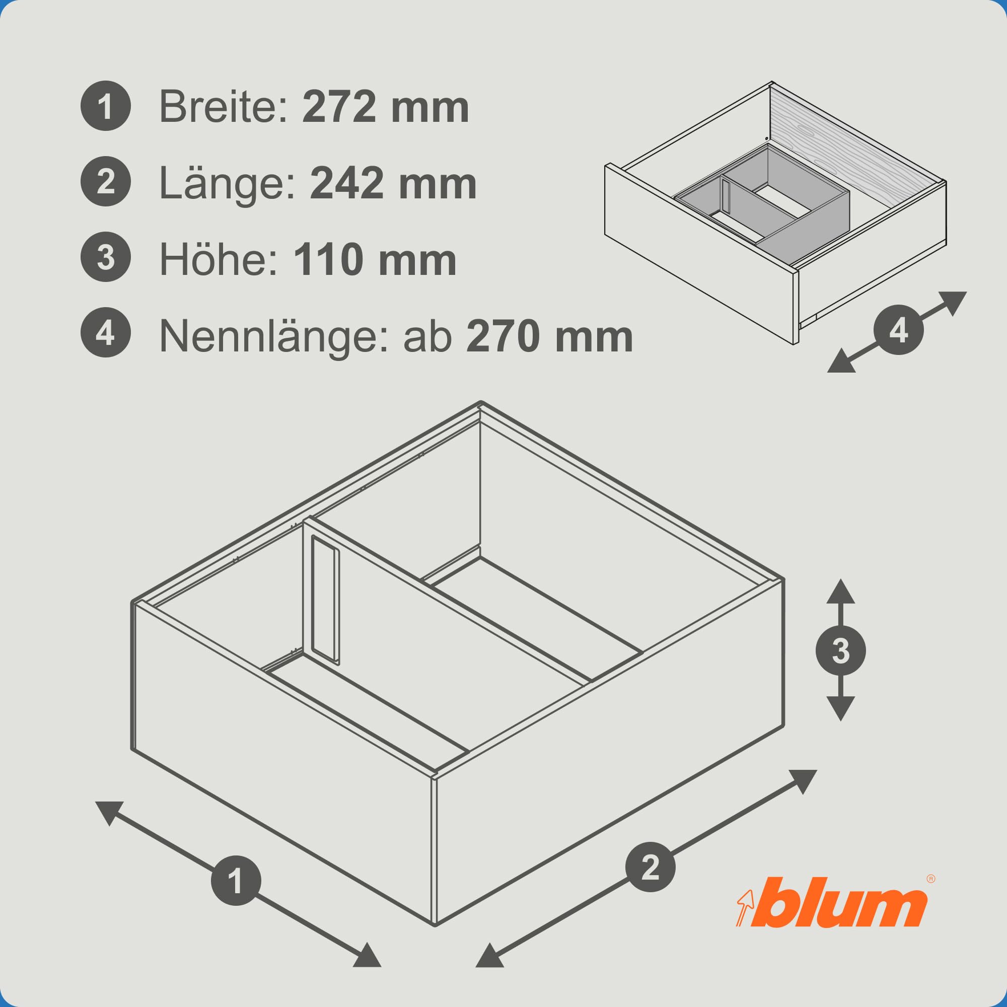 Blum AMBIA-LINE Schubladen-Organizer Stahl 27×24×11 cm | Oriongrau | Küche | Magnetplattenhalter – kein Verrutschen | Schubladen Organizer aus formstabilem Stahl | Modular erweiterbar | Für Küche & Bad