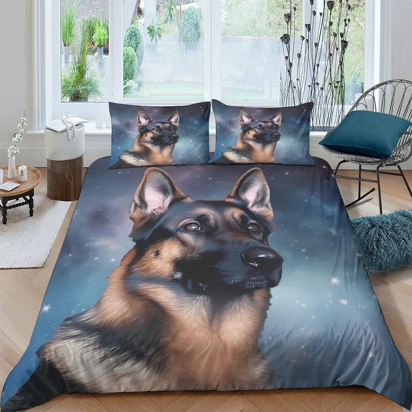 Ctjqhvkz Style-1 3D Printed German Shepherd Fitted Sheet Microfiber Soft Breathable Starry Night Bed Cover For Bedroom Dorm Decor Single（135X200cm）