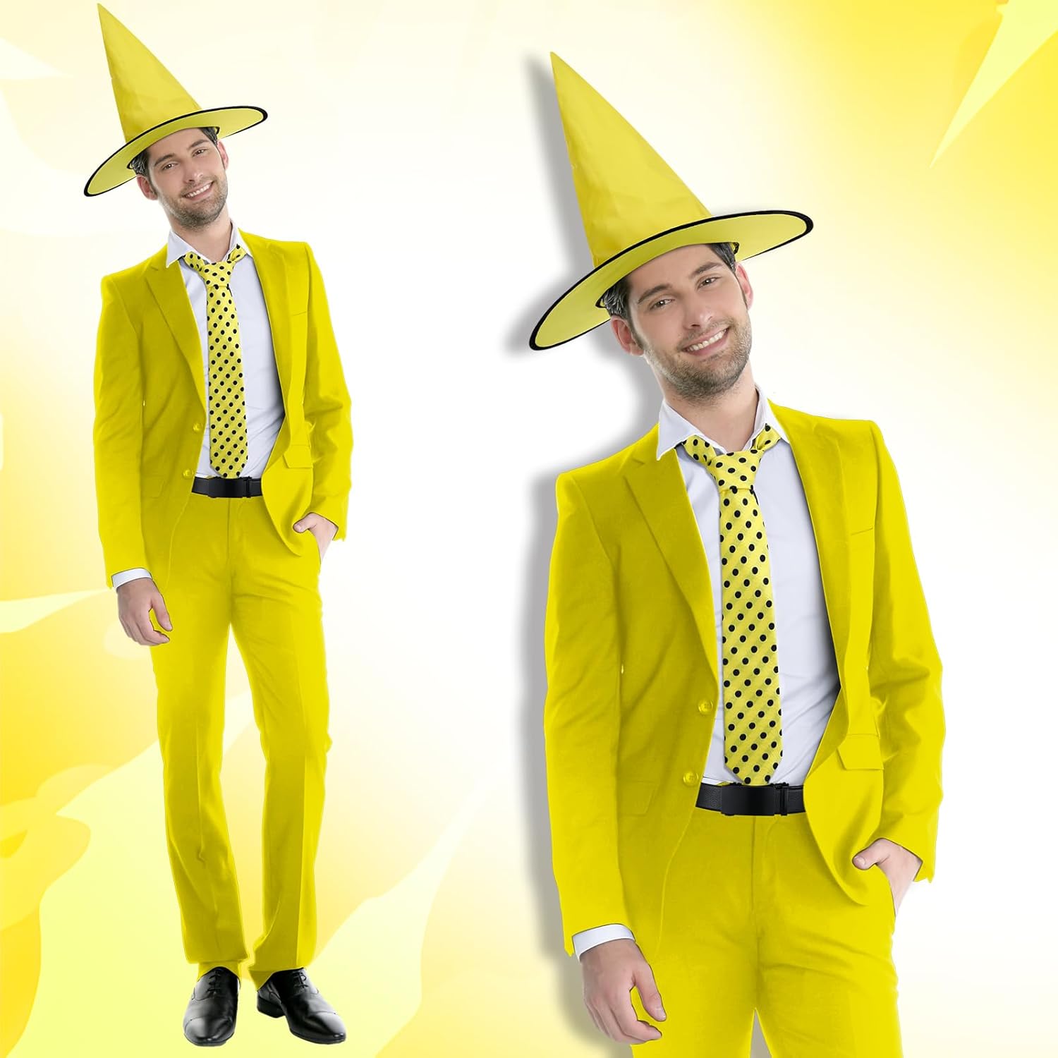 3 Pcs Halloween Man in Yellow Hat Costume Accessories for Men Include Yellow Derby Hat Polka Dot Tie and Belt for Halloween Man Cosplay Party Accessories - Image 6