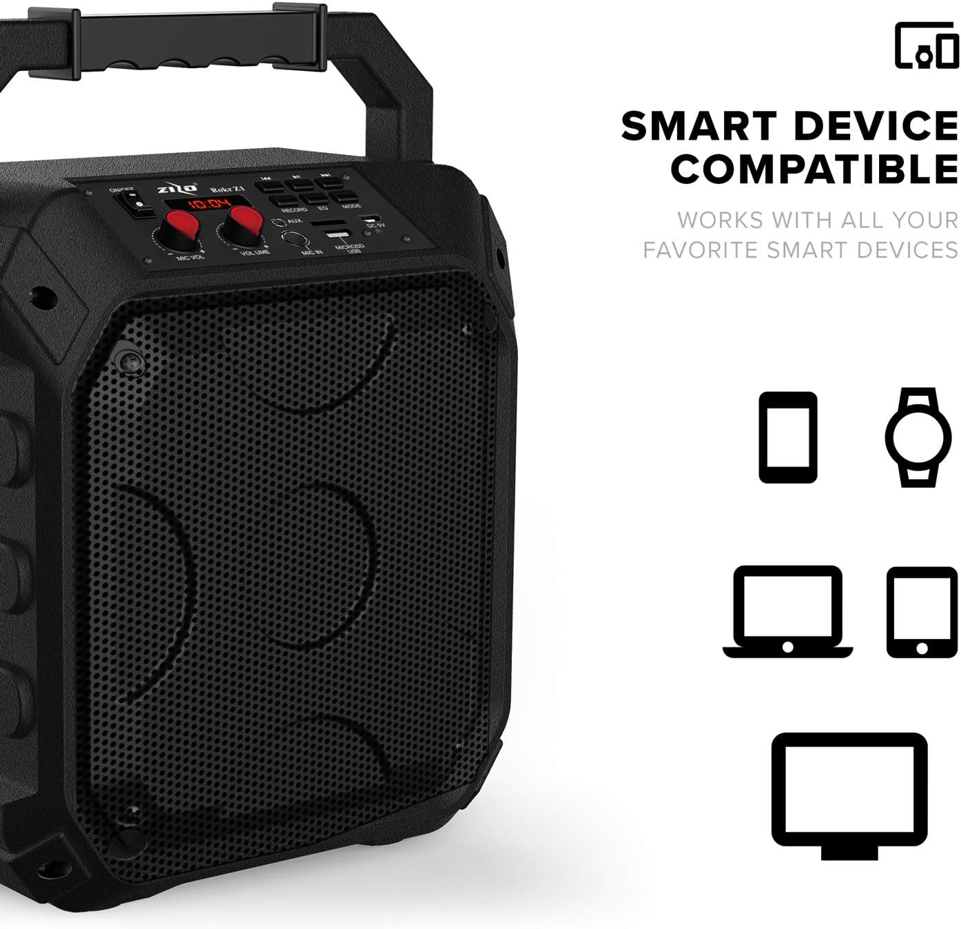 Zizo Rokr Z1 Portable 15W Bluetooth Speaker 15W Output with Built in Rechargeable Battery USB Port AUX Mic Jack FM LED Display Black