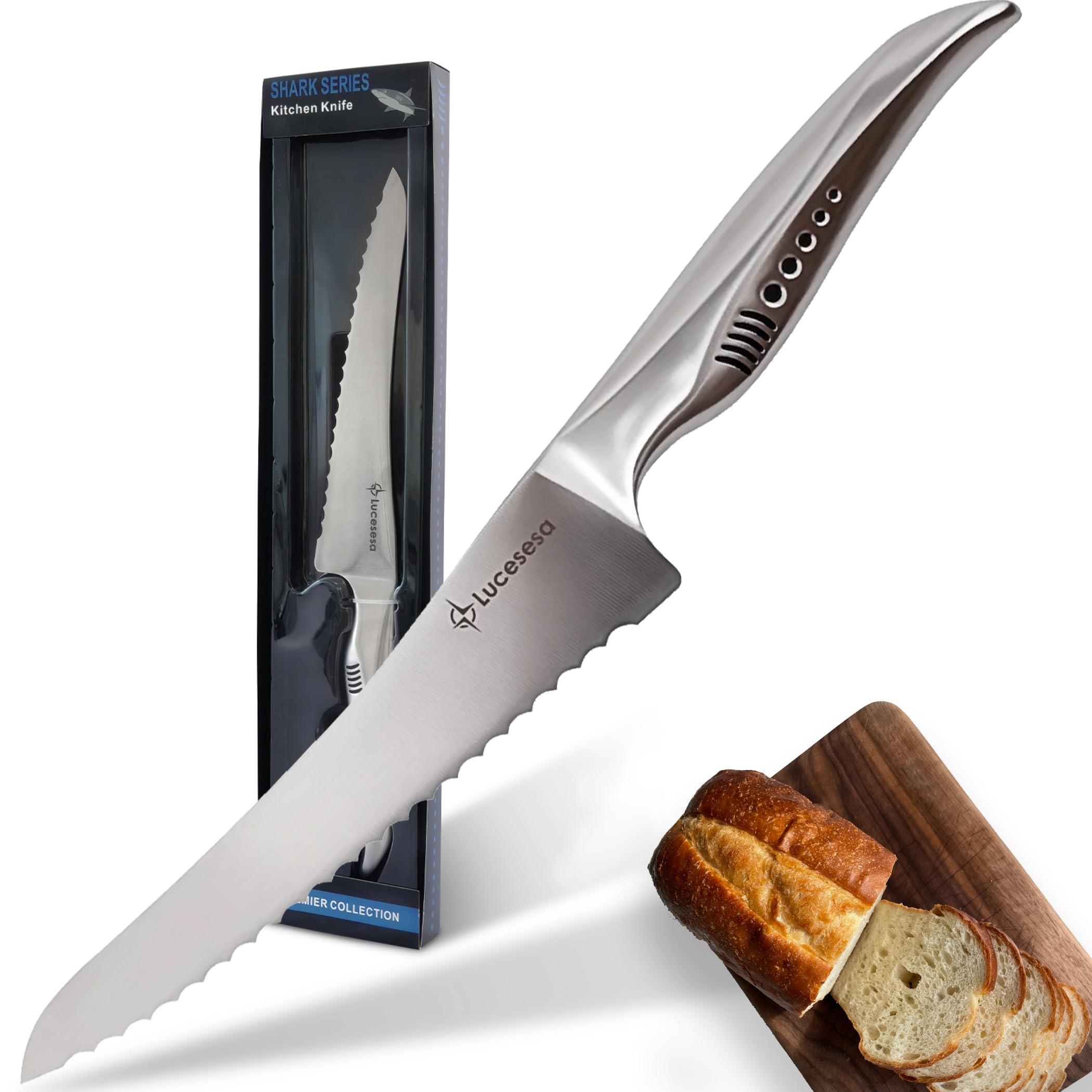 8 Bread Knife Multifunction Serrated Bread Knife Ultra Sharp Offset Steel Handle Shark-Inspired Ergonomic Stainless for Homemade Bread