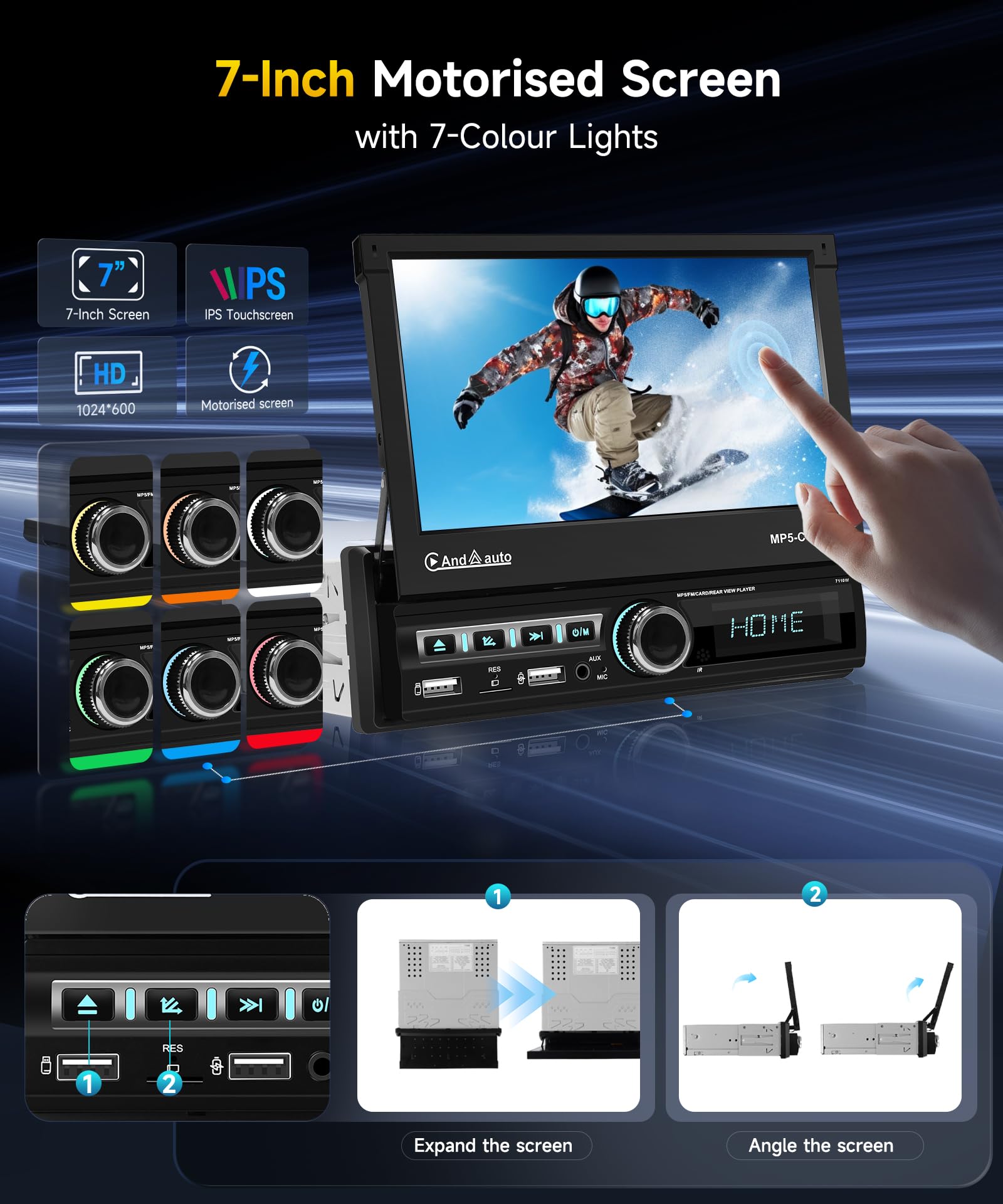 VECHTEL Radio para Coche 1 DIN Carplay Android Auto Inalámbrico con Pantalla retráctil eléctrica 7“,Radio FM 1 DIN con Bluetooth,GPS/Navegación,Mirror Link 2 USB/AUX/SD con cámara de visión Trasera