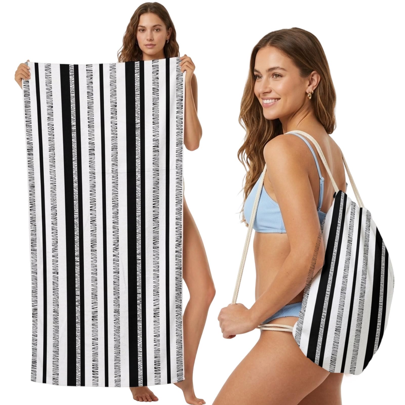 Beach Towel Bag 2 in 1 Black Vertical Stripes Bath Pool Towels Backpack Mixed Width Striped Absorbent Beach Towel Soft Quick Dry Lightweight Packable Towels Drawstring Bag for Travel Sports Yoga